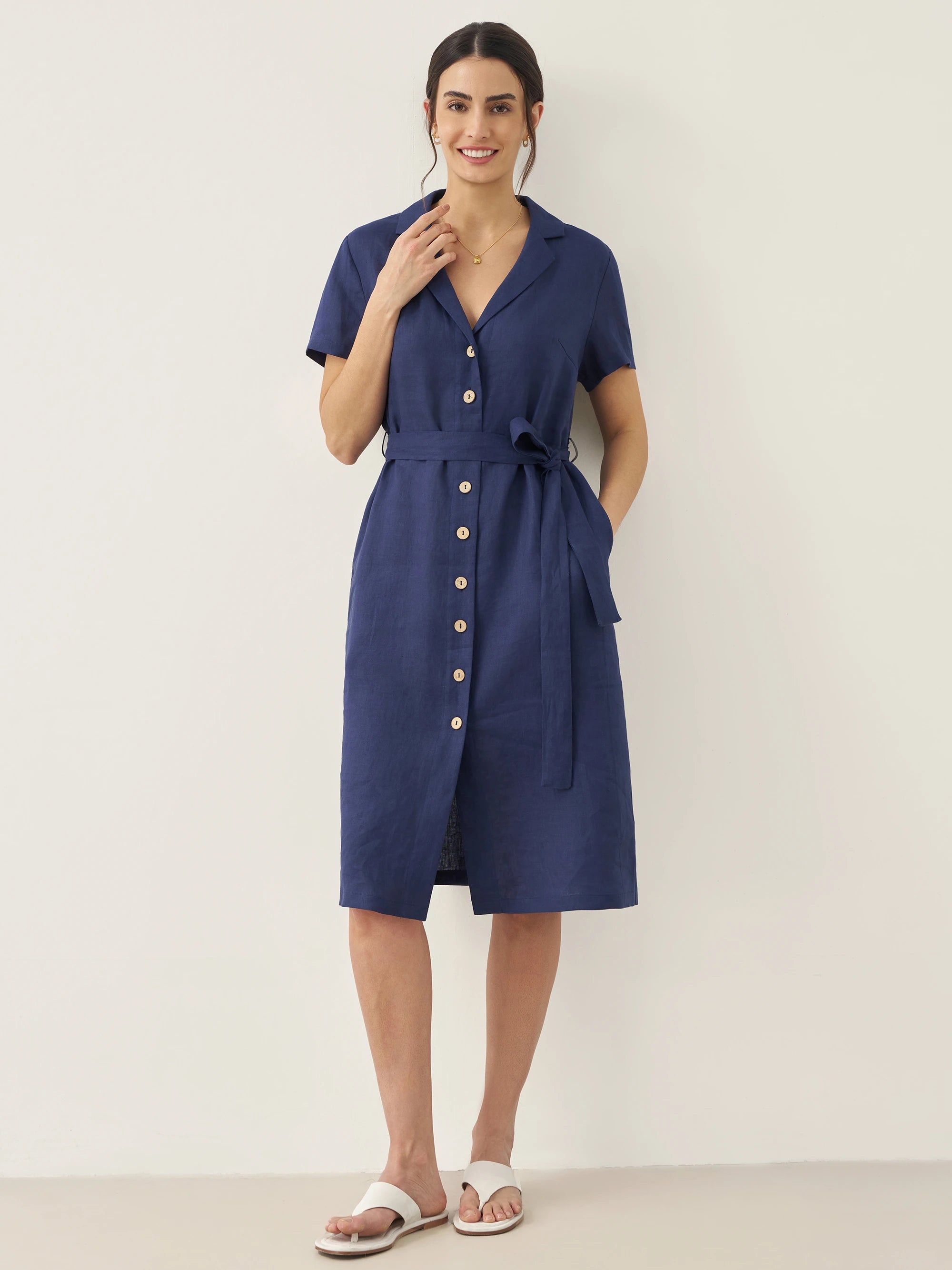 100% Linen V-Neck Button-Front Shirt Dress EILEEN