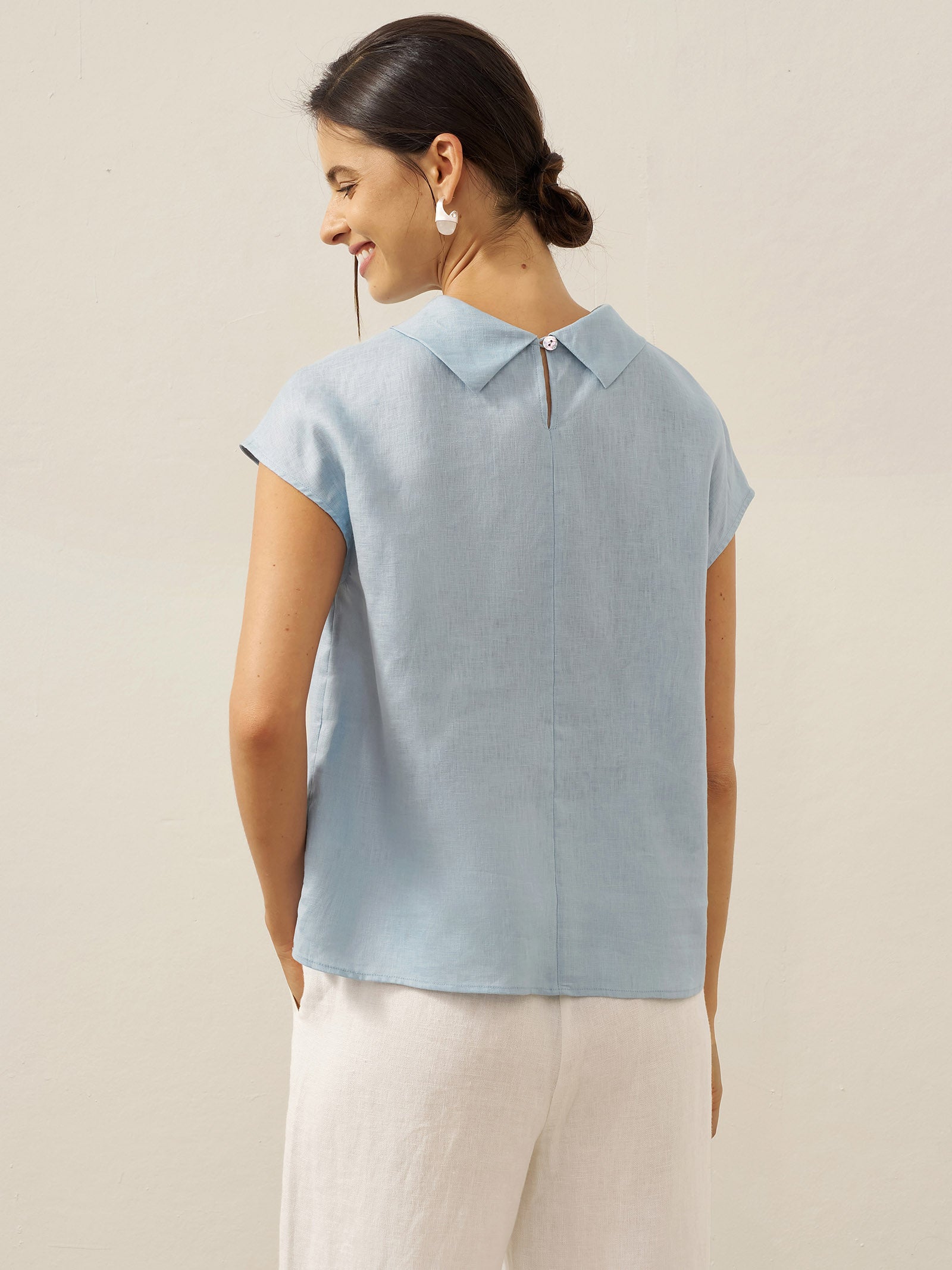 100% Linen Cap Sleeve Soft-Fold Collar Top YVONNE