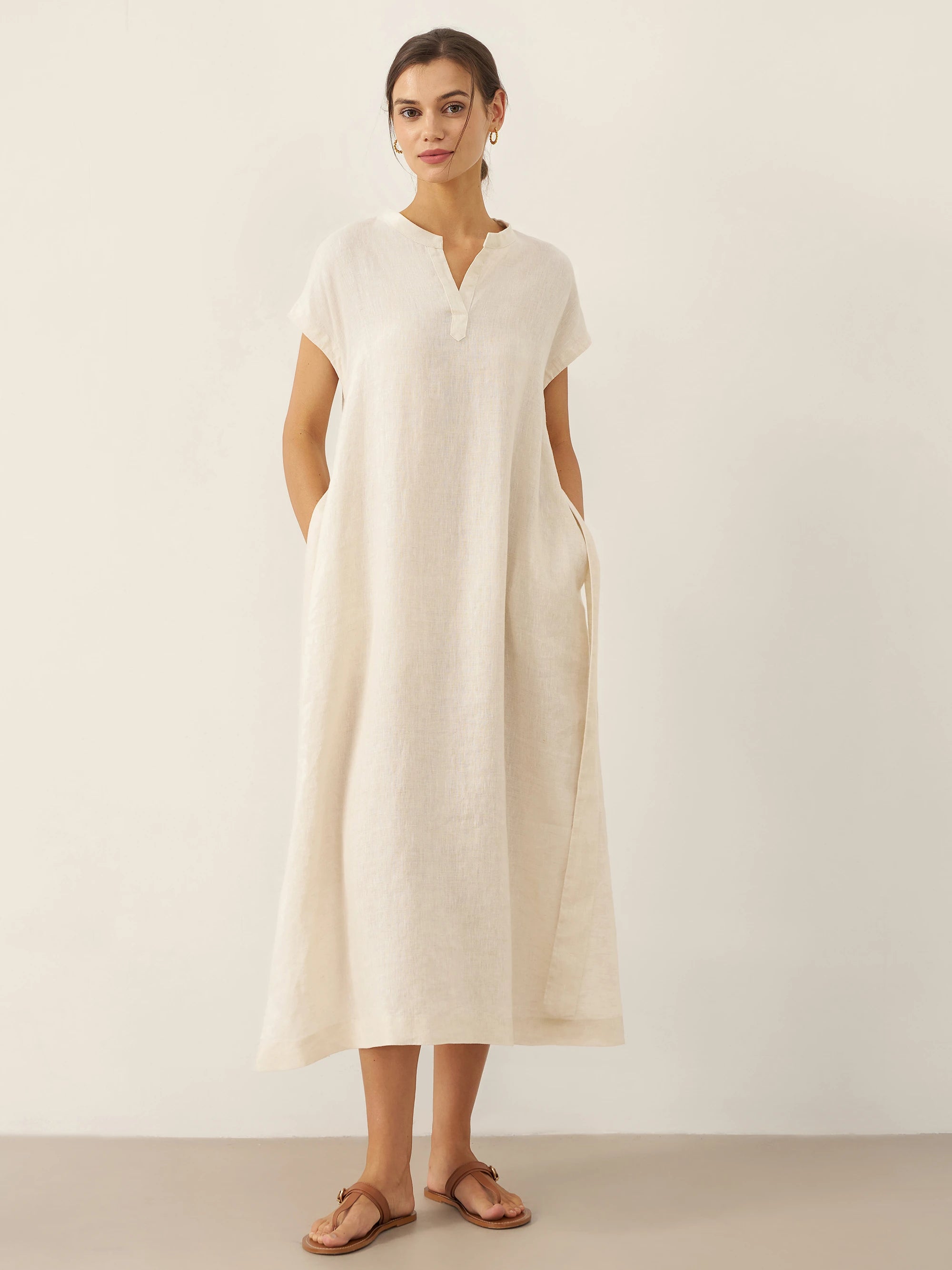 100% Linen Mandarin Collar Maxi Dress with Detachable Belt MARGARET