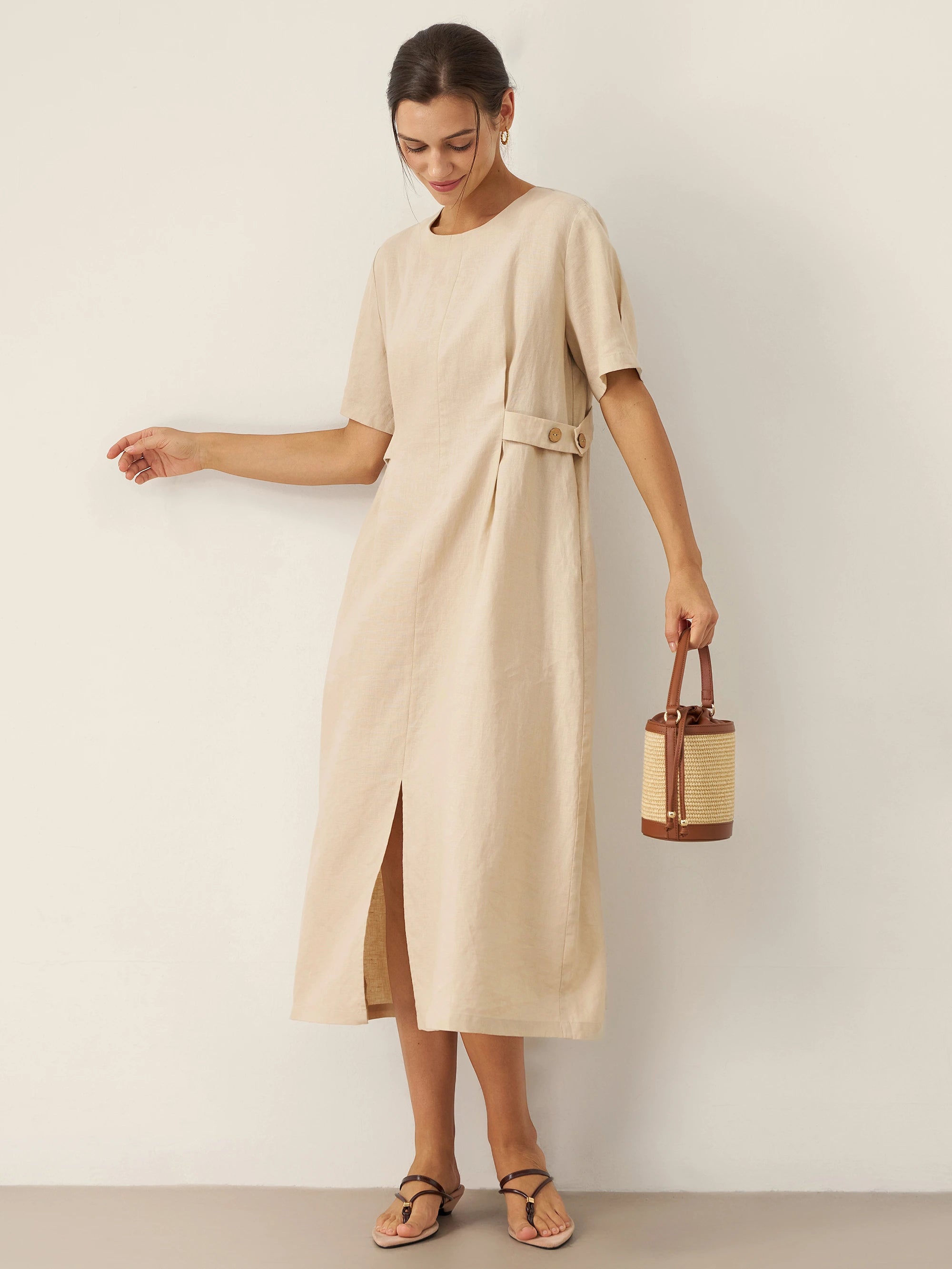 100% Linen Round Neck Button-Tie Maxi Dress XANDRA
