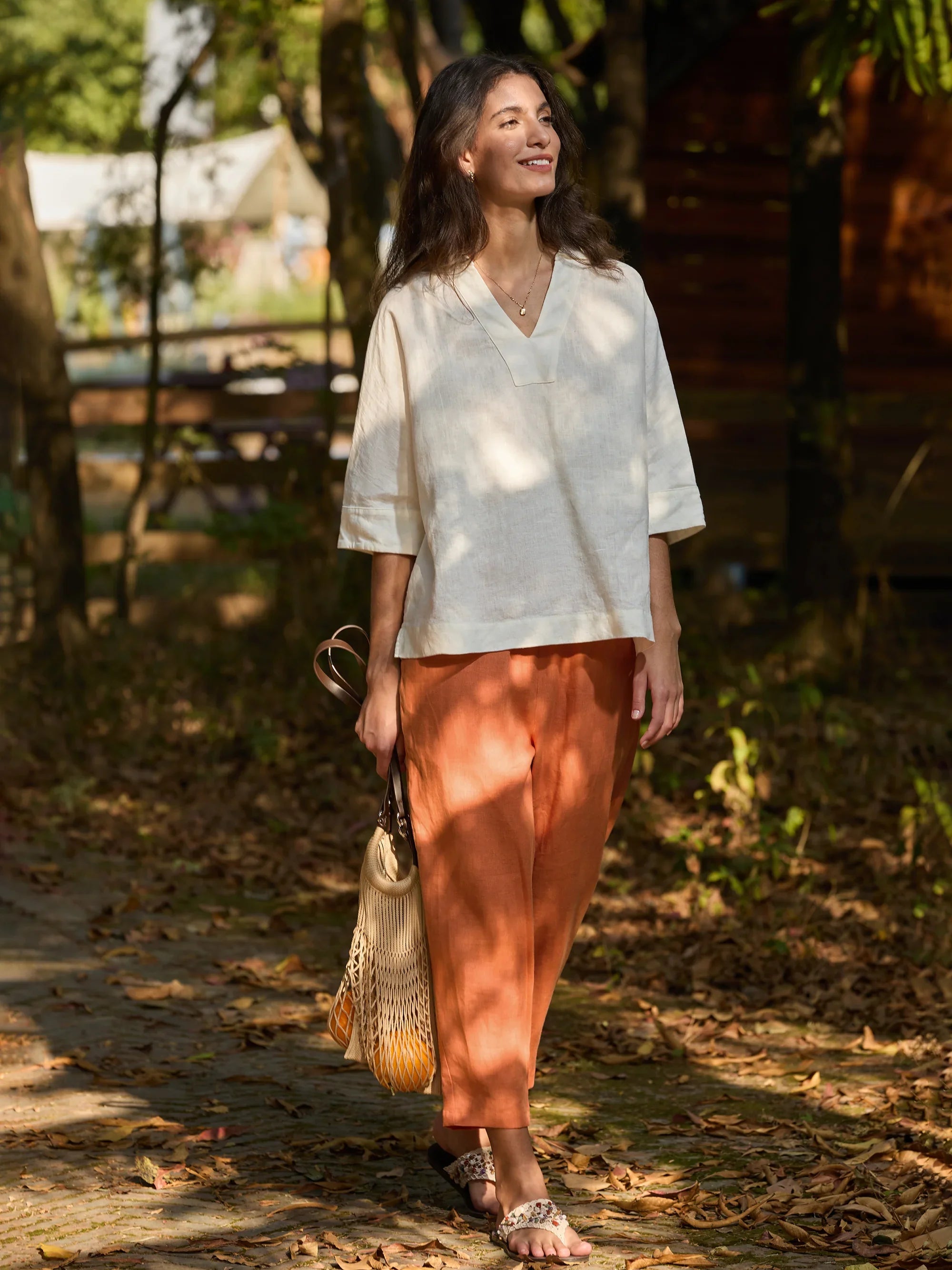 100% Linen Button Accents Tapered Pants DORALIE