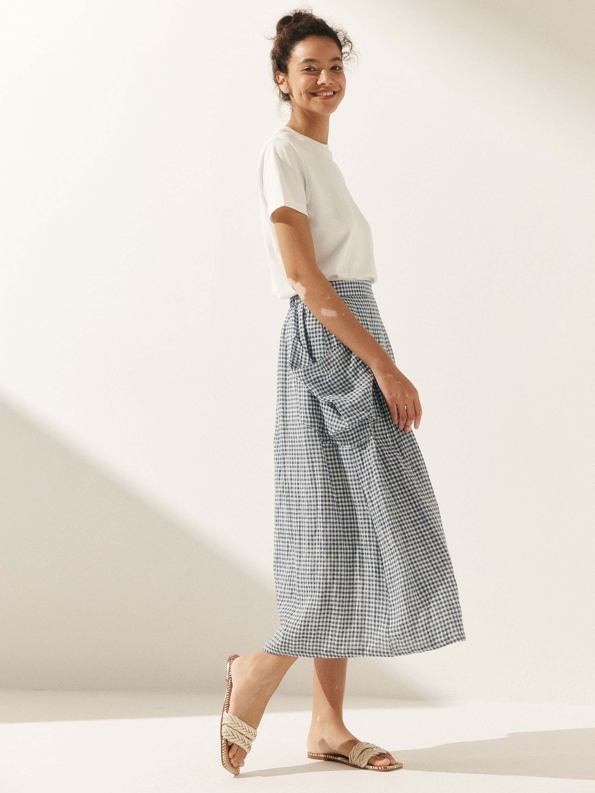 Linen Checked Elastic Waist Skirt ONYX