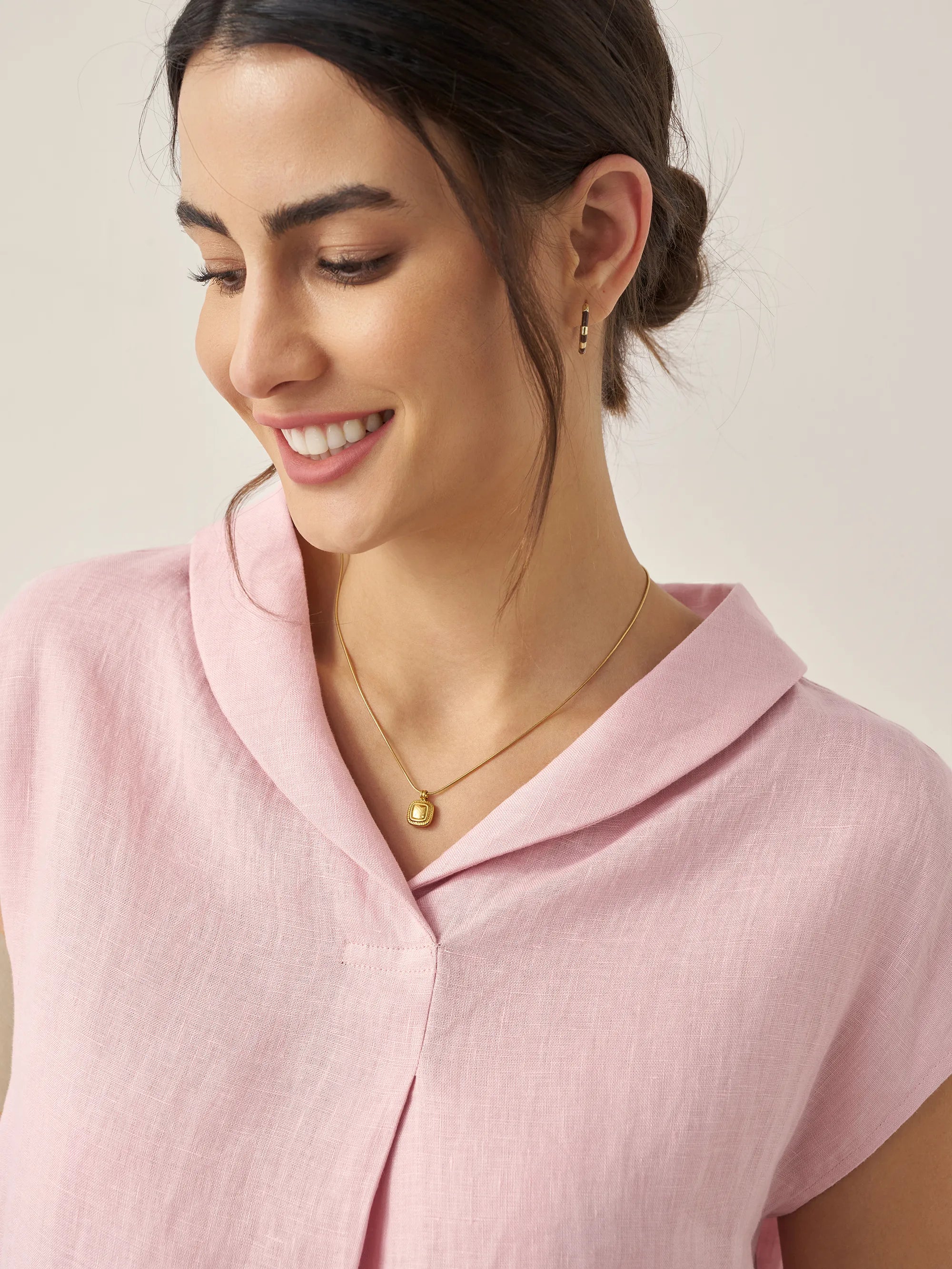 100% Linen Shawl V-Neck Cap Sleeves Top ELARA