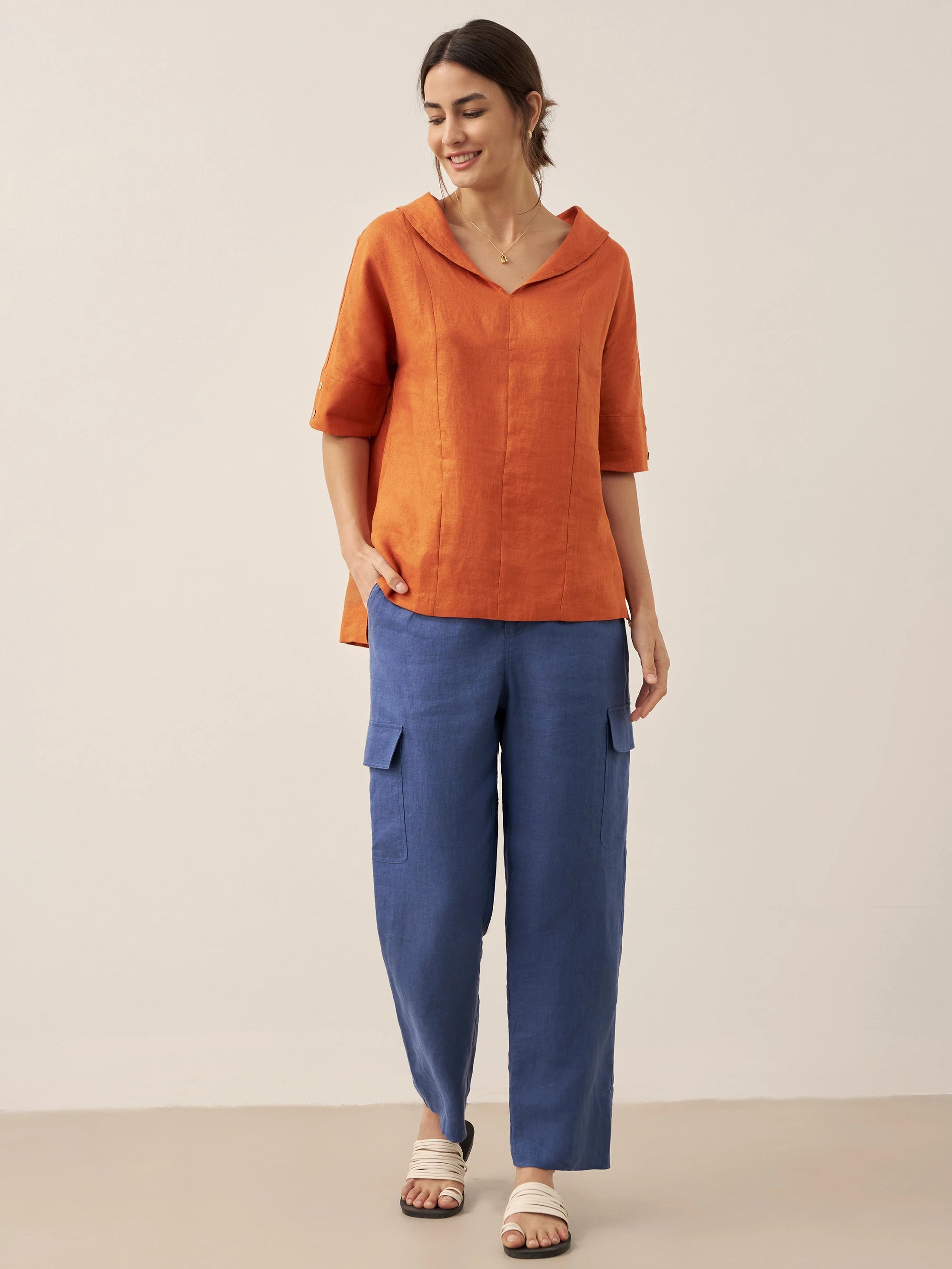 100% Linen V-Neck Short Sleeve Shirt SIERRA