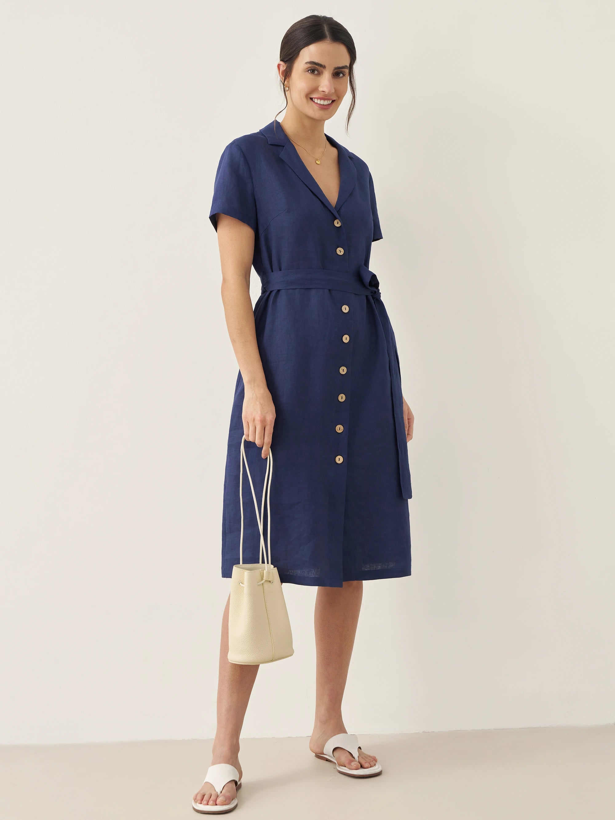 100% Linen V-Neck Button-Front Shirt Dress EILEEN
