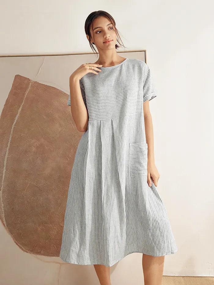 100% Linen Pinstripe Paneled Short-Sleeved Dress MORGAN
