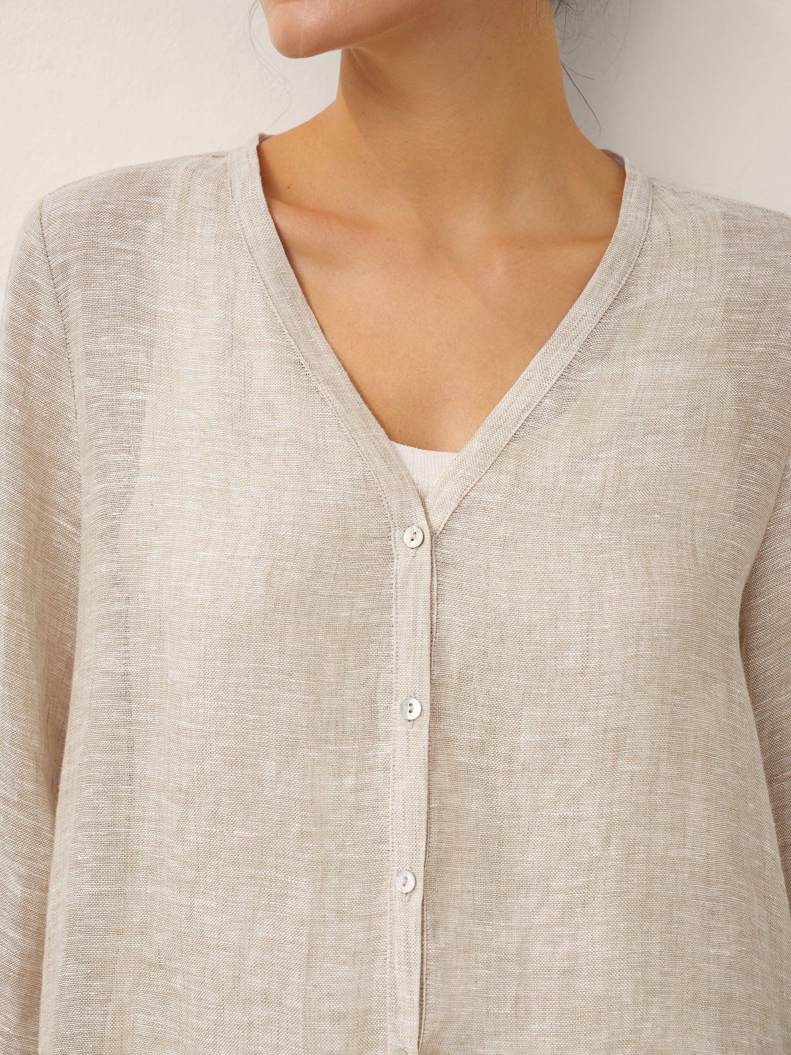 100% Linen Button Front Three-Quarter Sleeve Top PEYTON