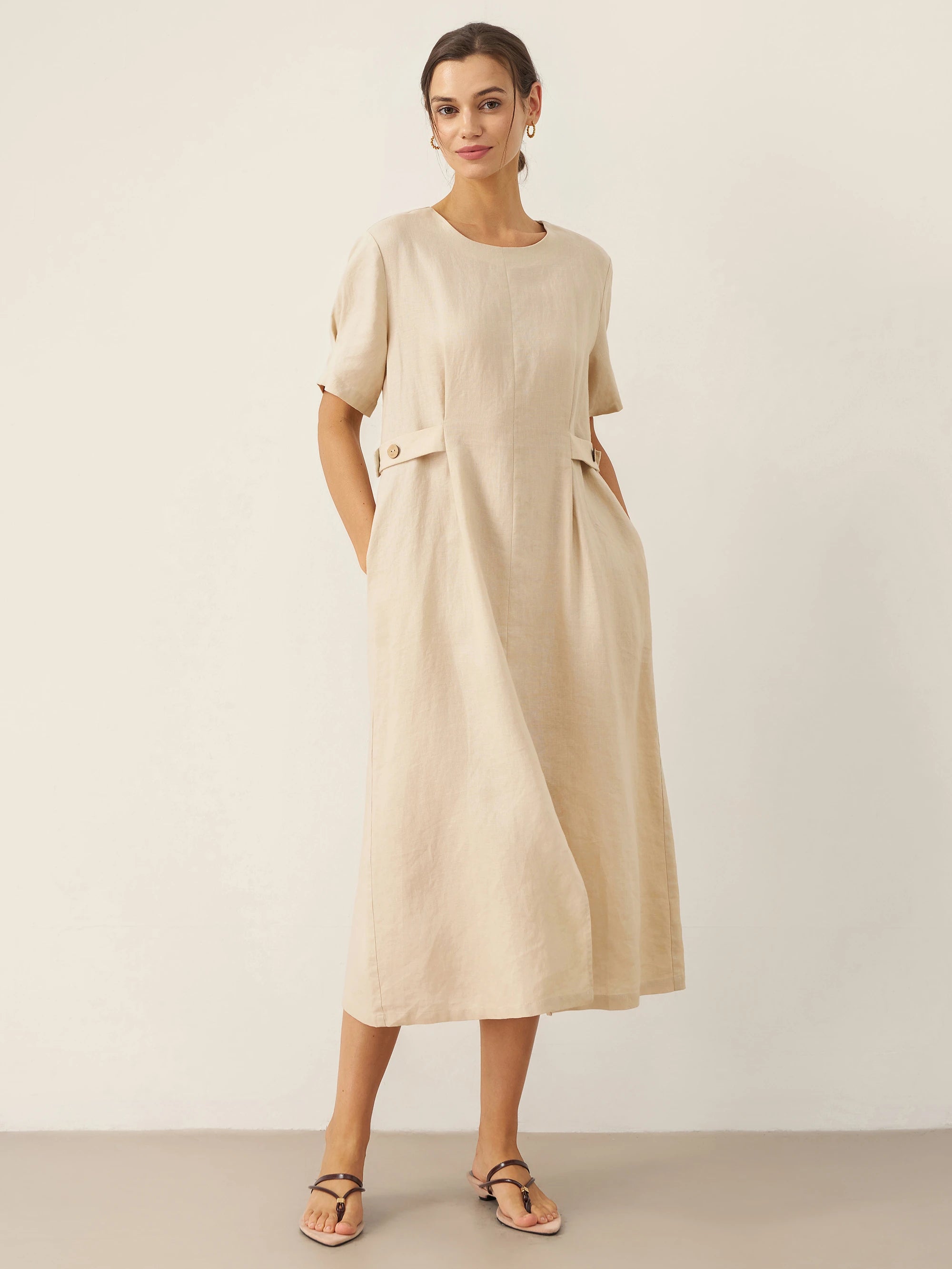100% Linen Round Neck Button-Tie Maxi Dress XANDRA
