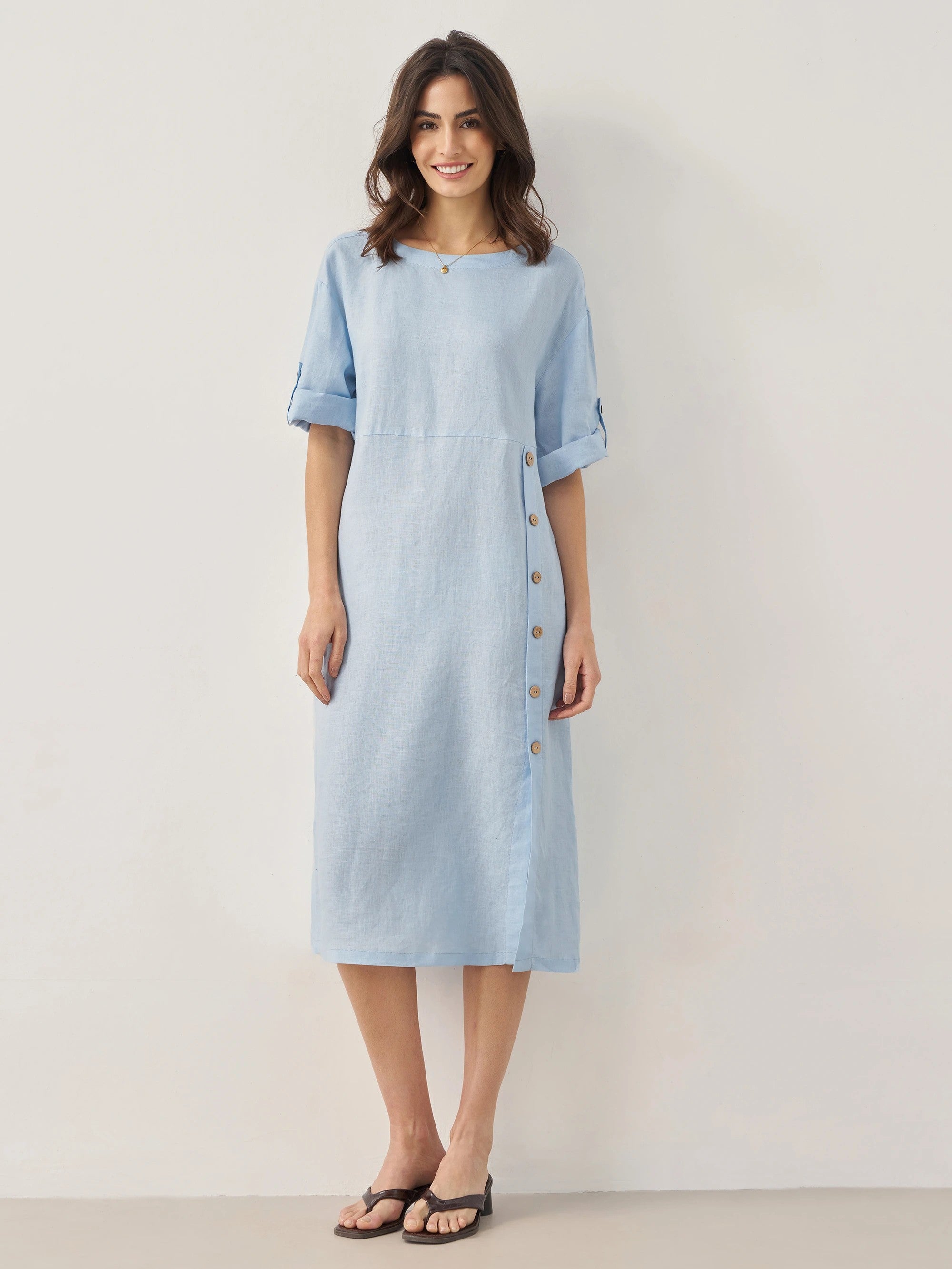 100% Linen Round Neck Button Detail Midi Dress JELENA