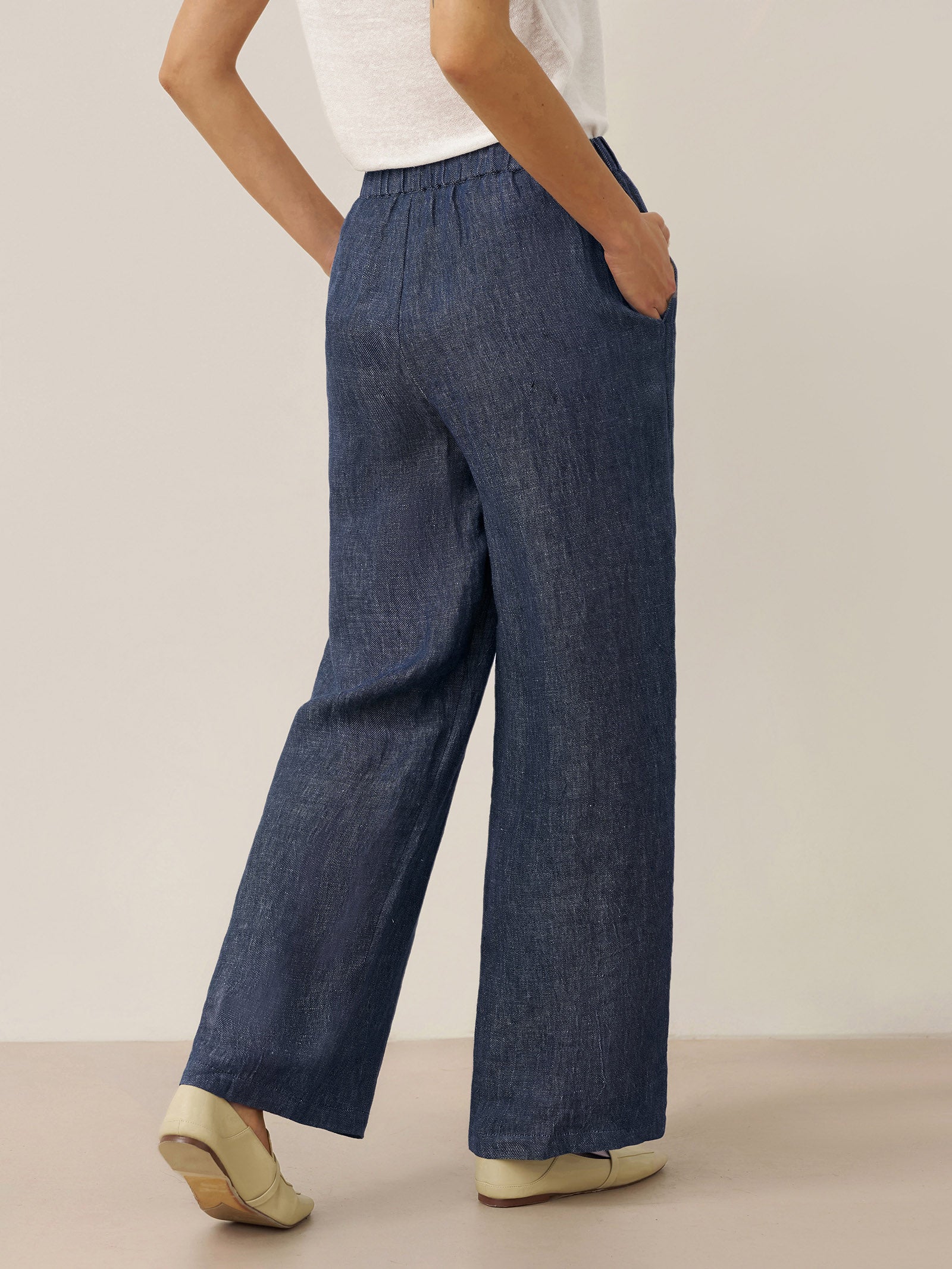 100% Linen Denim Texture Elastic Waist Straight Leg Pants HAZEL