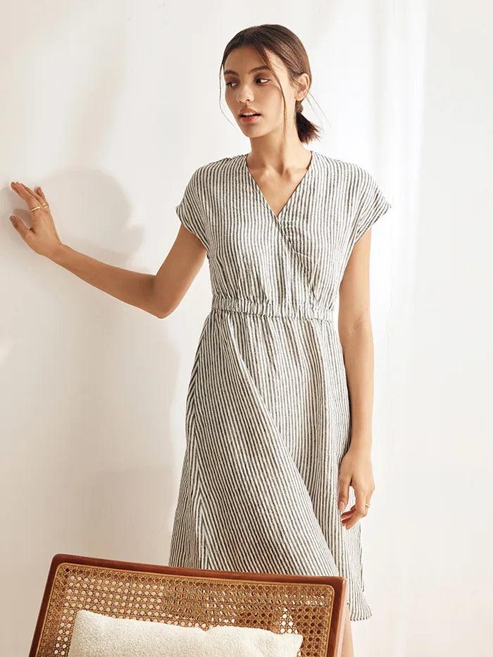 100% Linen Striped Elastic-Waist Midi Dress ARIA