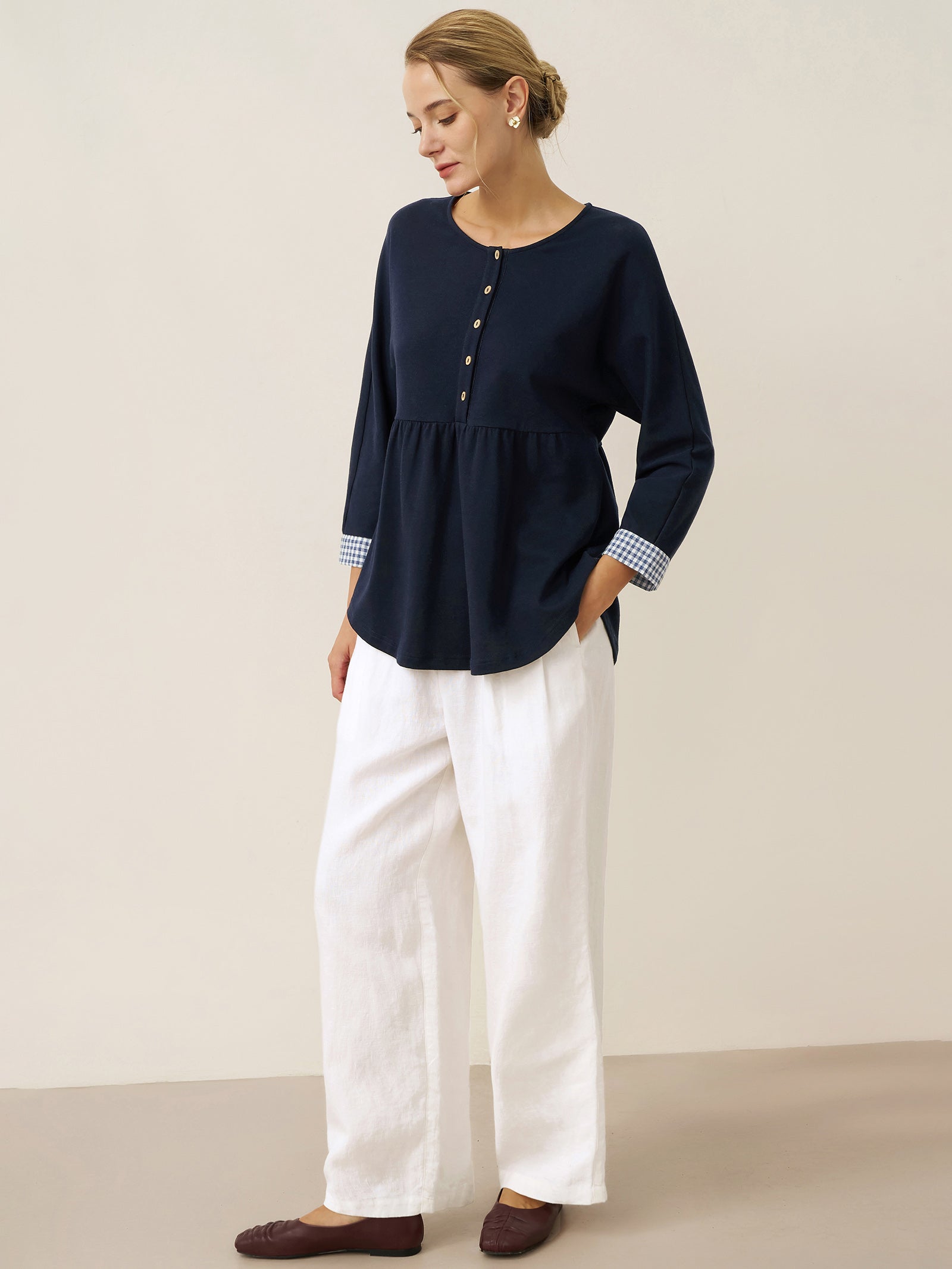 Cotton Patchwork Cuff Button Decor Top AUDREY