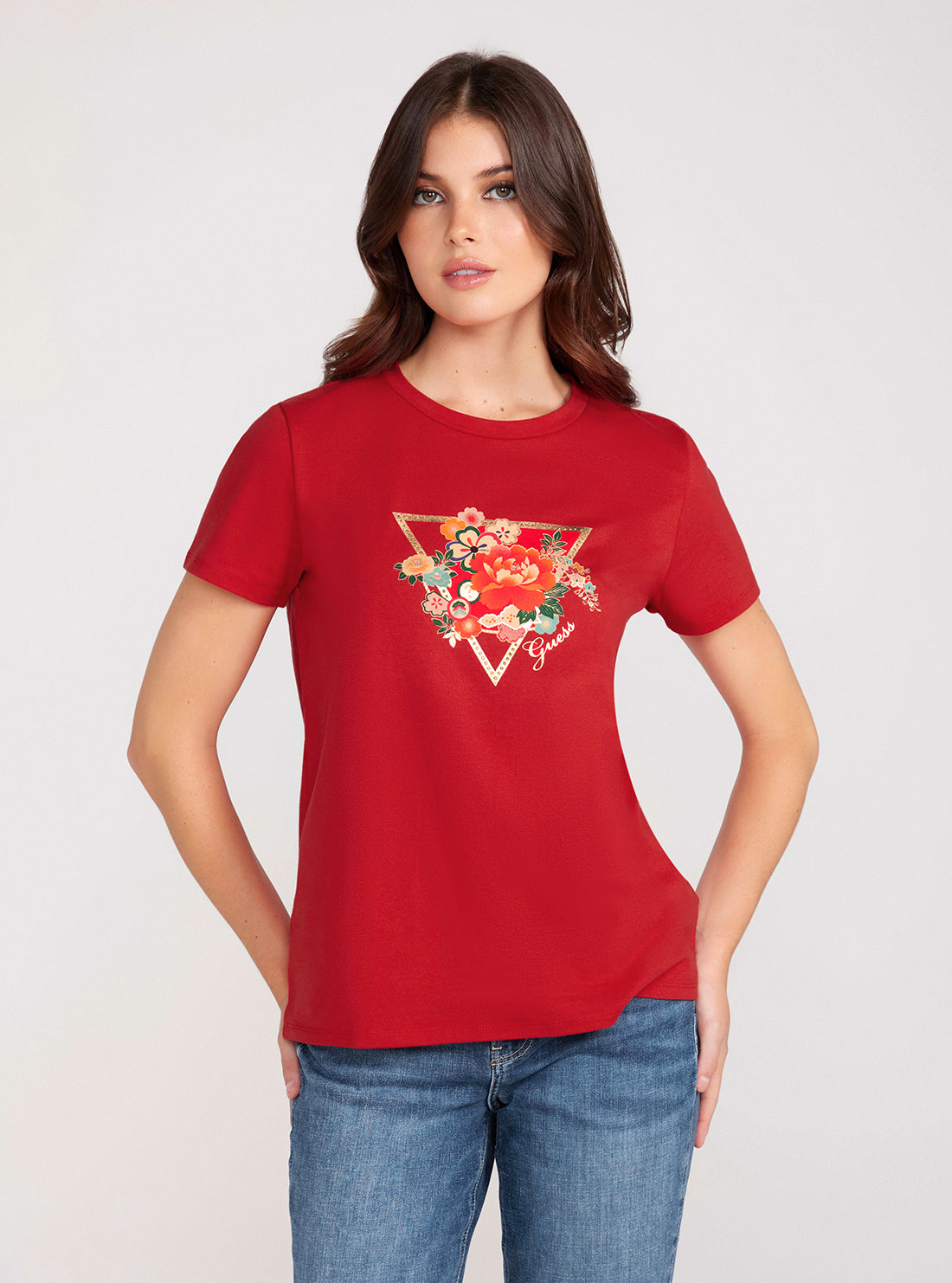 Red Short Sleeve Flower Logo Easy T-Shirt