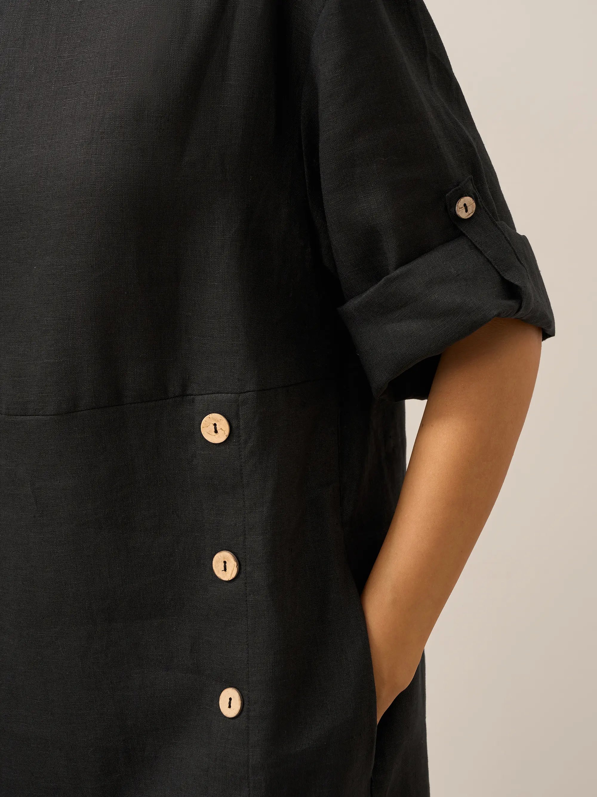 100% Linen Round Neck Button Detail Midi Dress JELENA