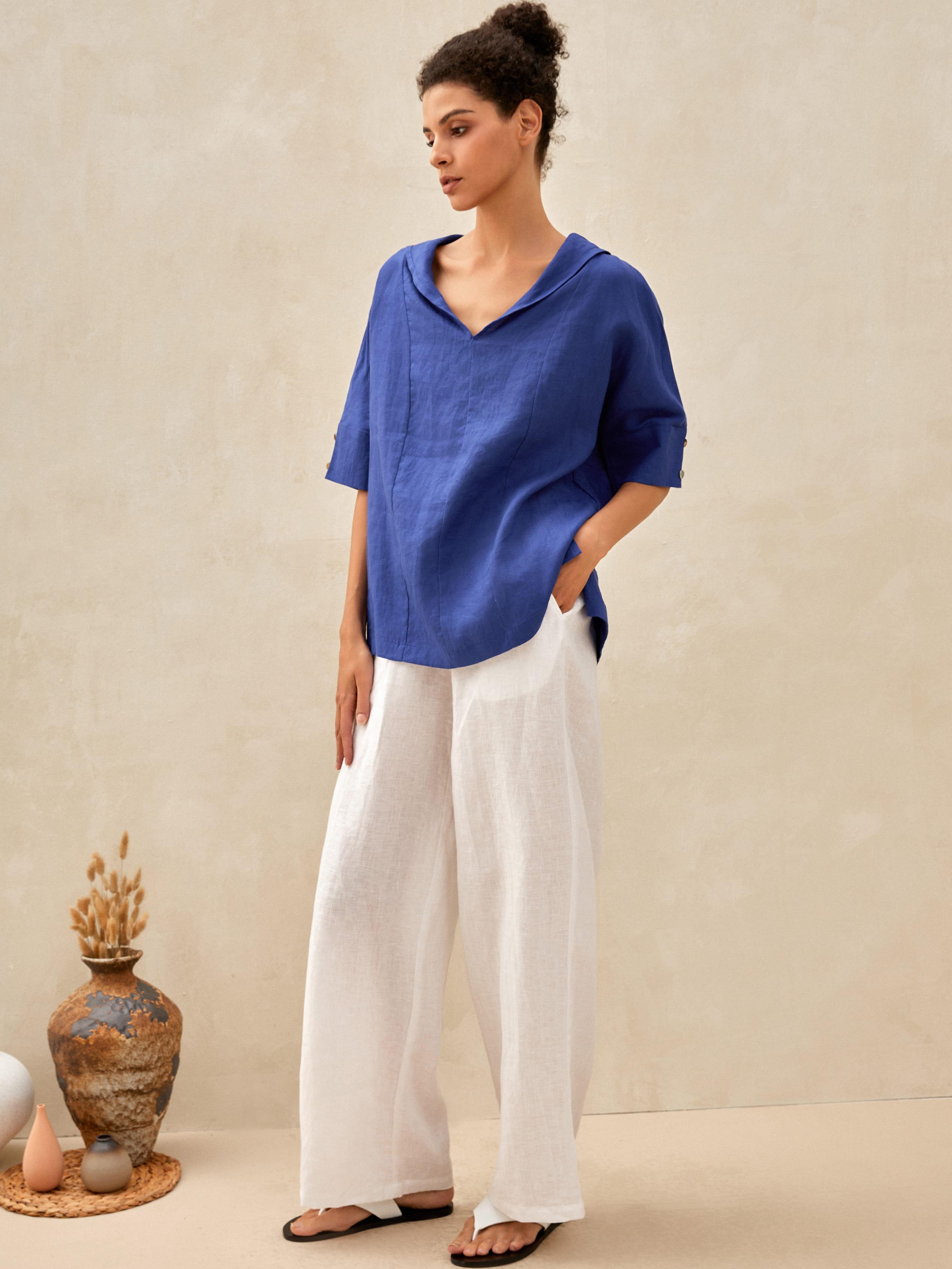 100% Linen V-Neck Short Sleeve Shirt SIERRA