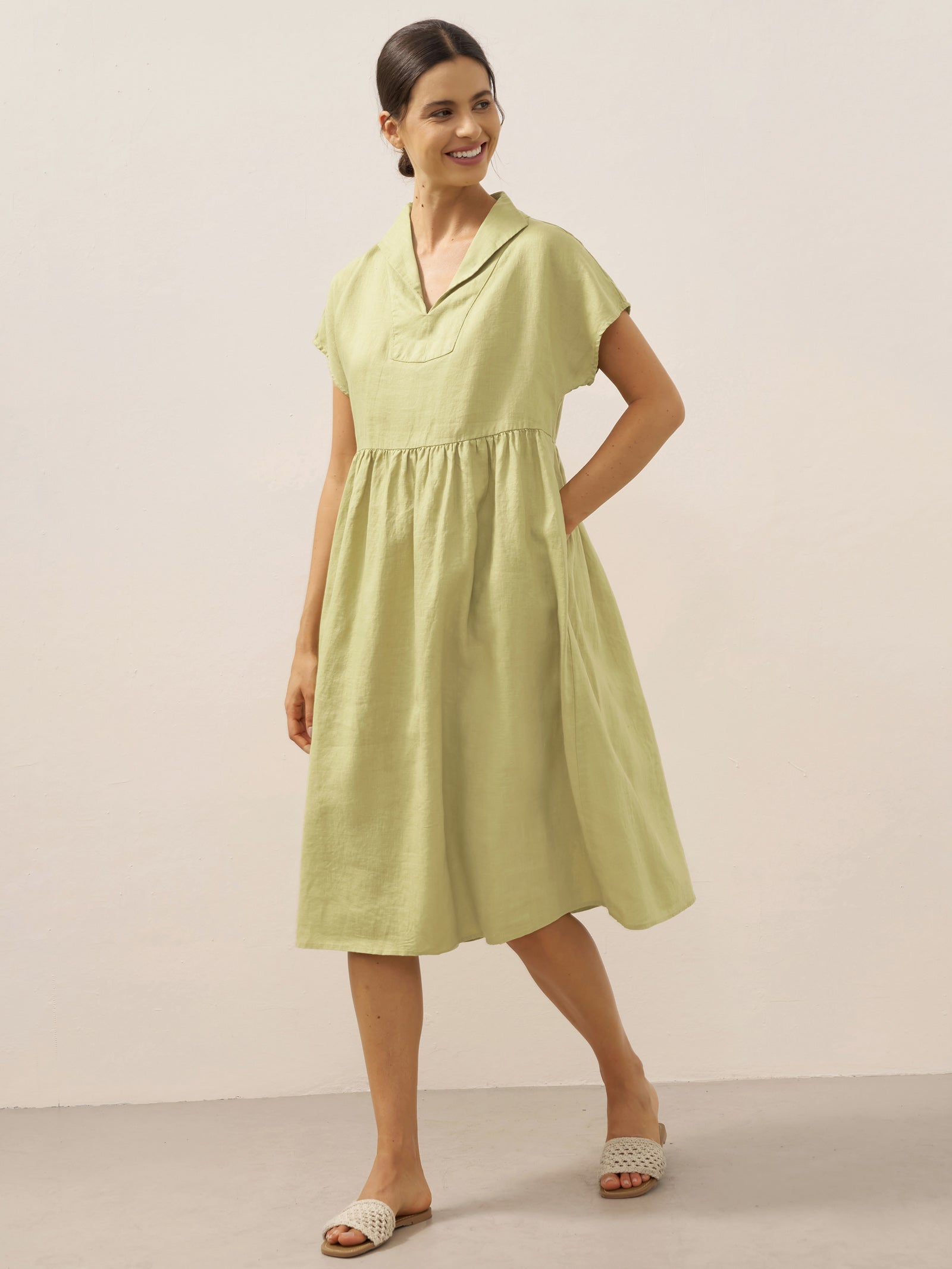 100% Linen Collared Pleated Waist A-Line Midi Dress SAGE