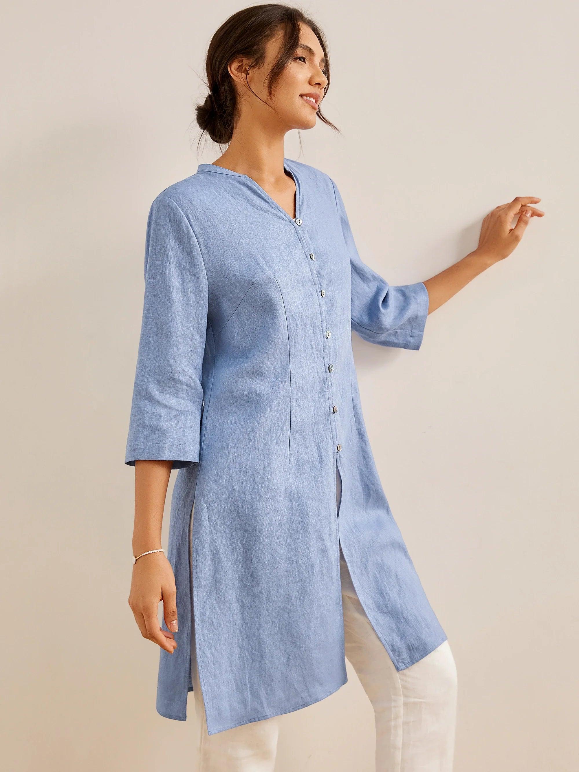 100% Linen Hand Button Long Top DILLON