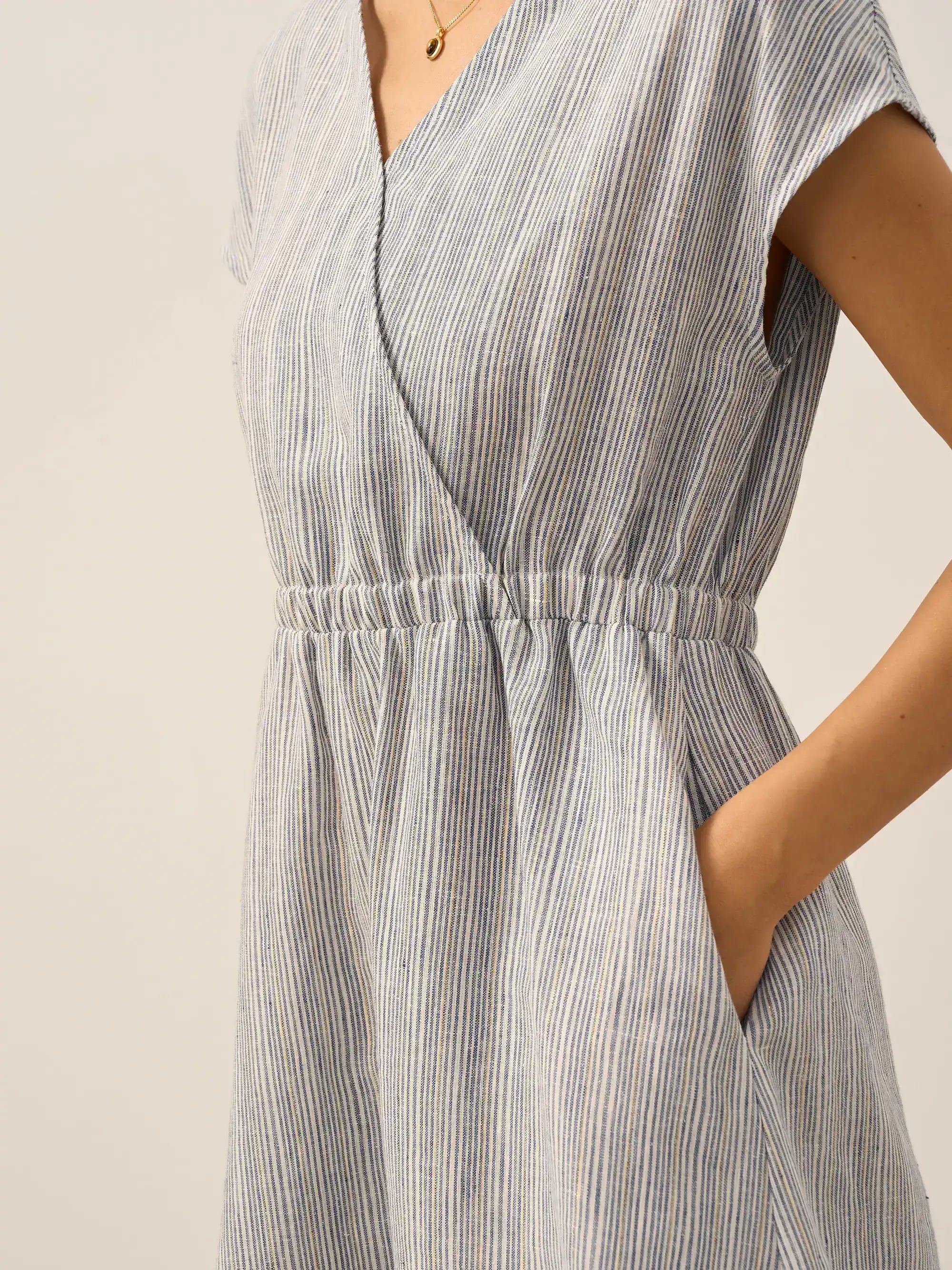 100% Linen Striped Elastic-Waist Midi Dress ARIA