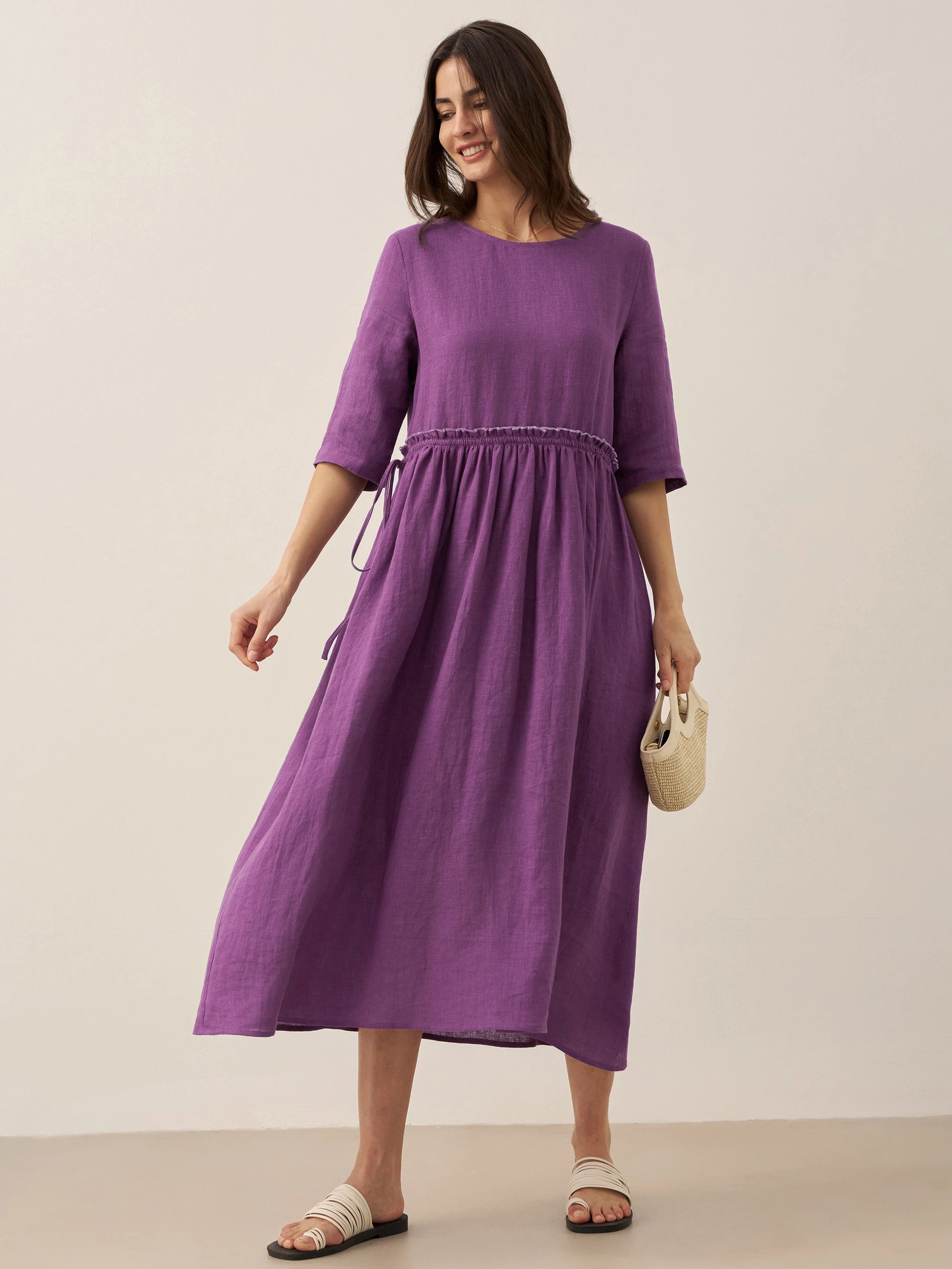100% Linen Petal-Waist Drawstring Midi Dress JASMINE