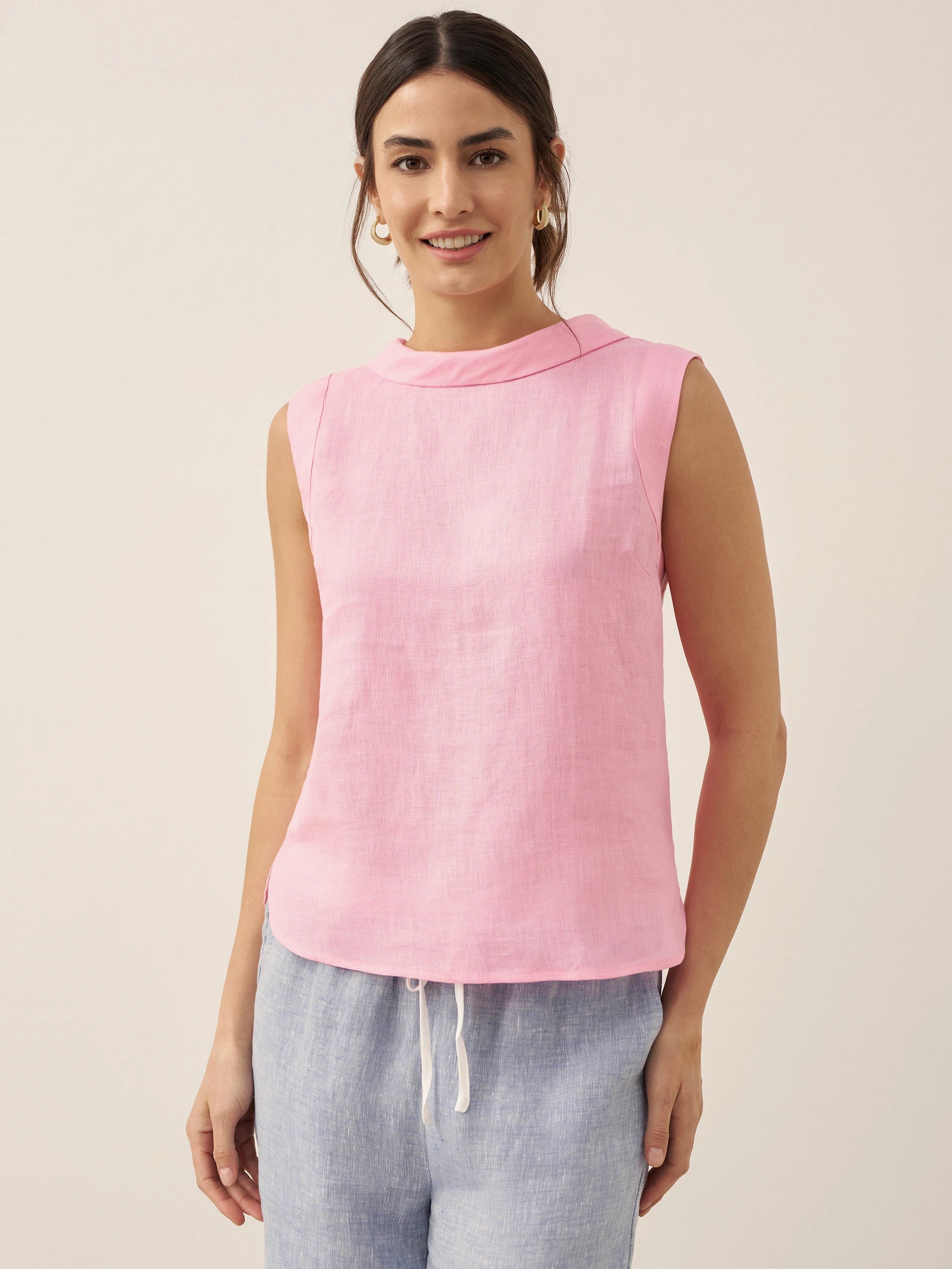 100% Linen Draped Collar Tank Top