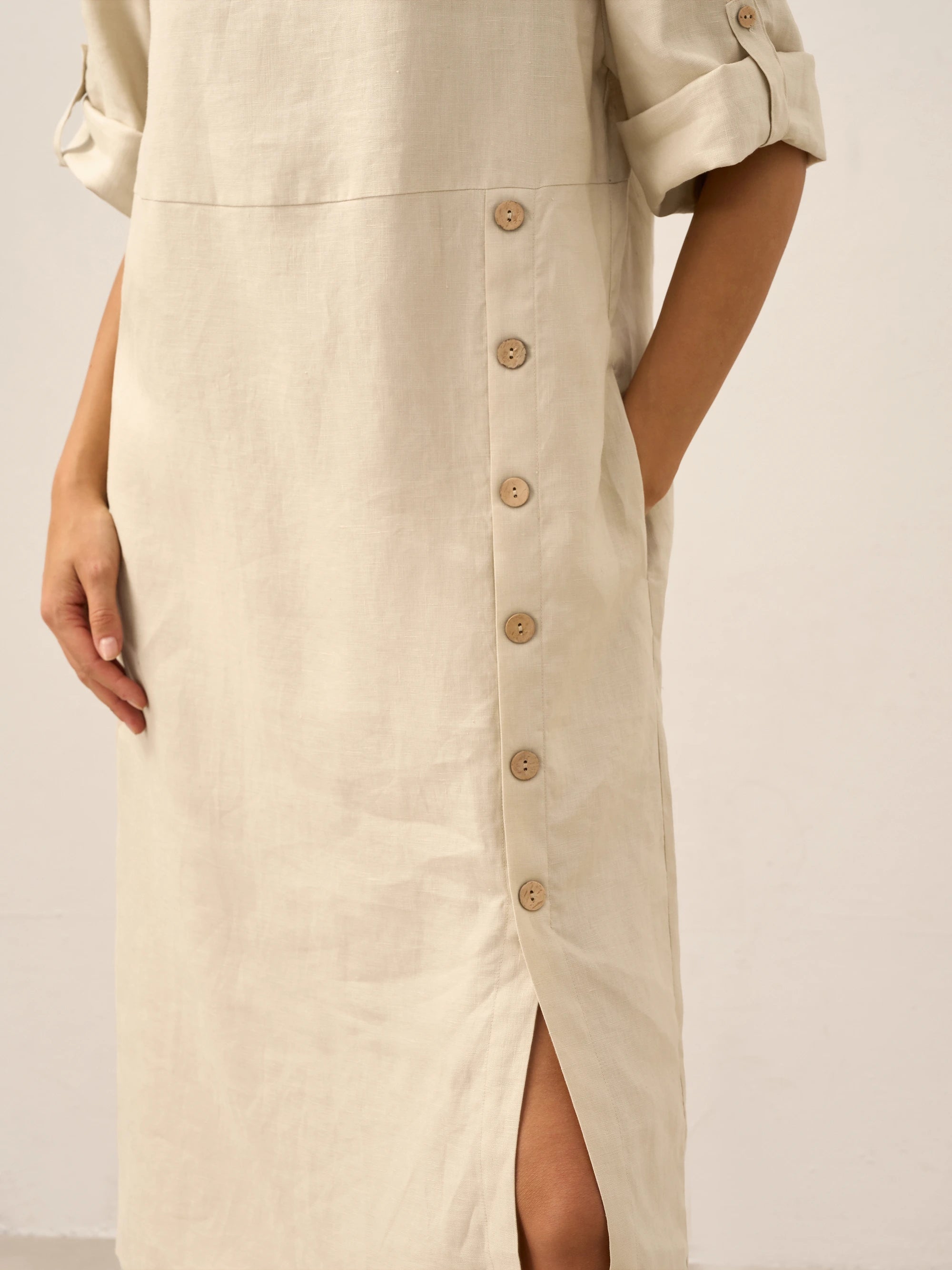 100% Linen Round Neck Button Detail Midi Dress JELENA
