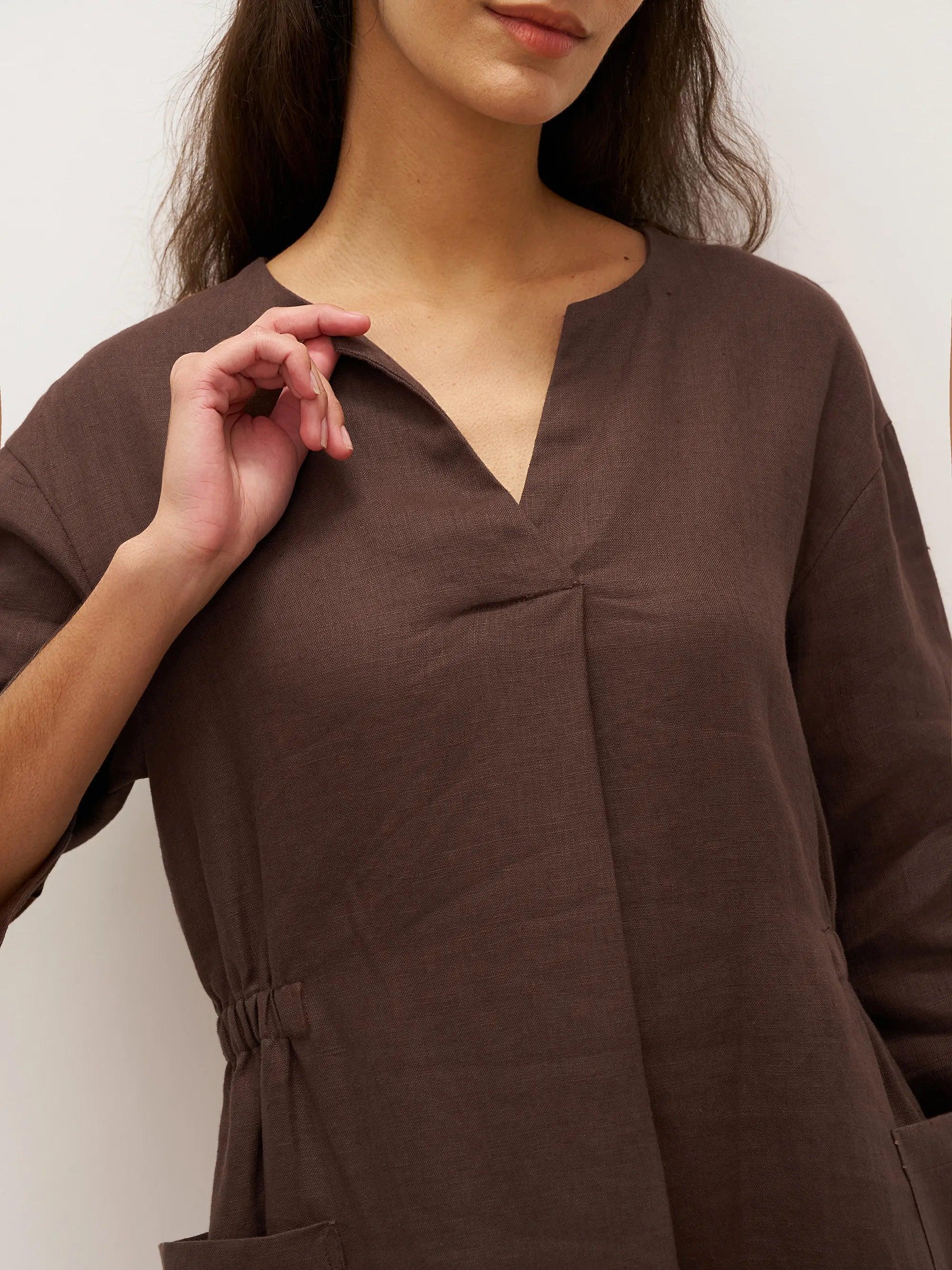 100% Linen V-neck Bell Pocket Midi Dress EVELINA