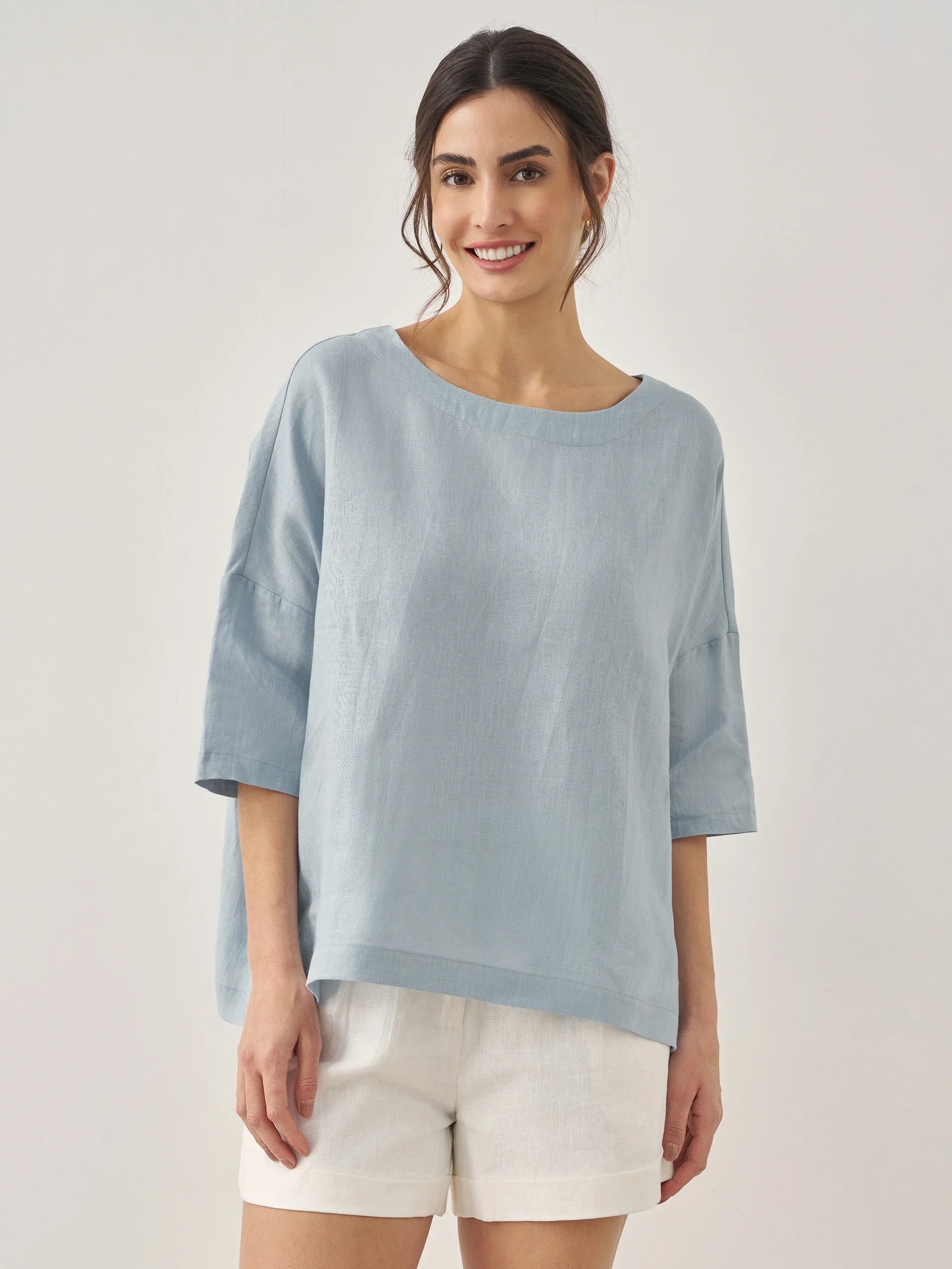 100% Linen Boatneck 3/4 Length Sleeve Top AURORA