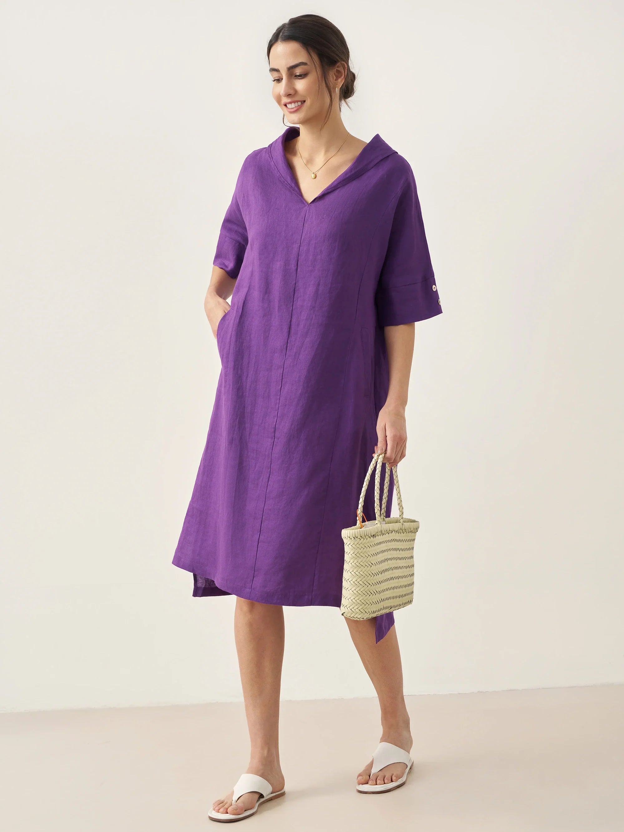 100% Linen V-Neck Pullover Midi Dress AUBREY