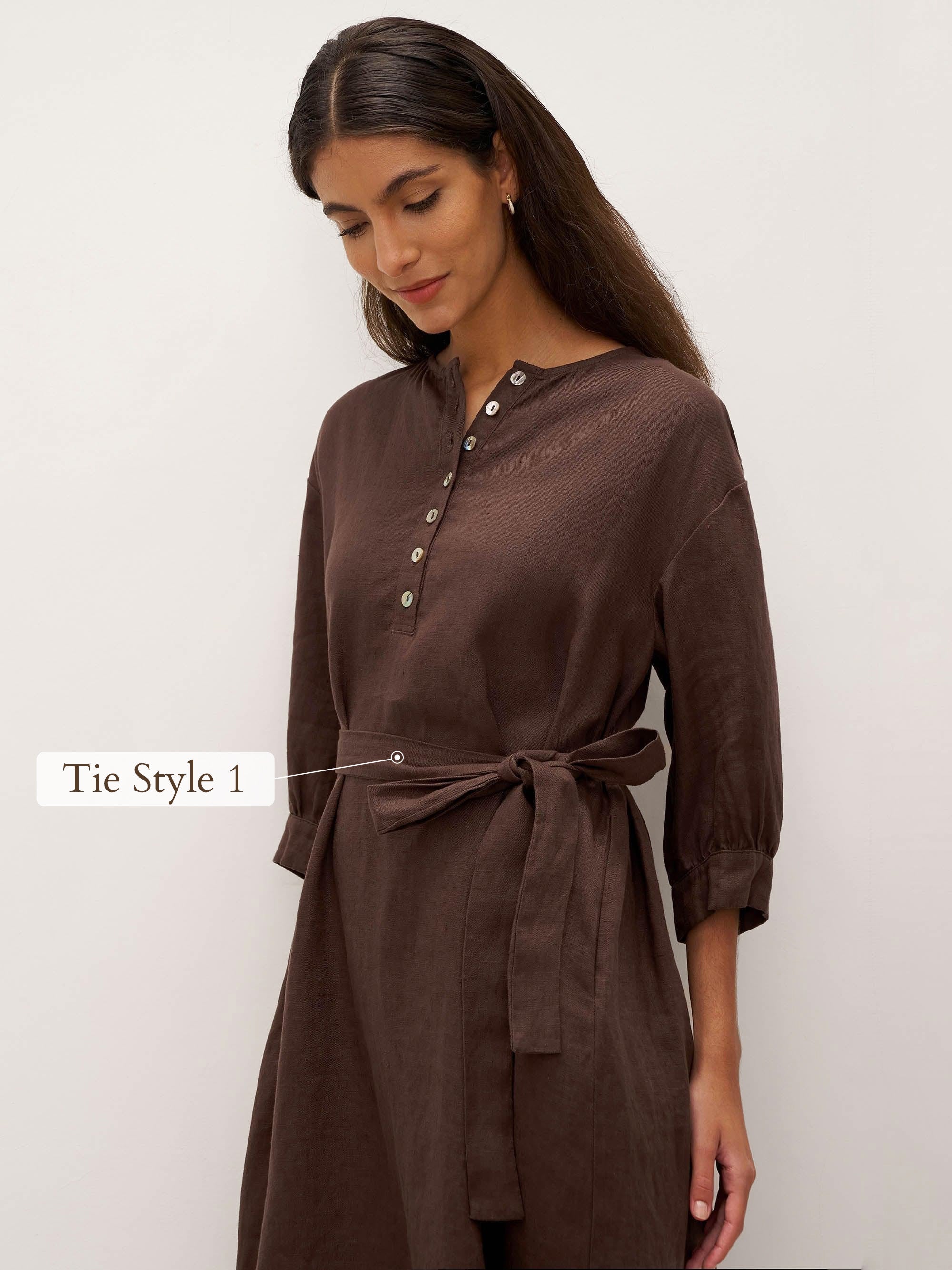100% Linen Button Detail Midi Dress with Detachable Belt EIRA