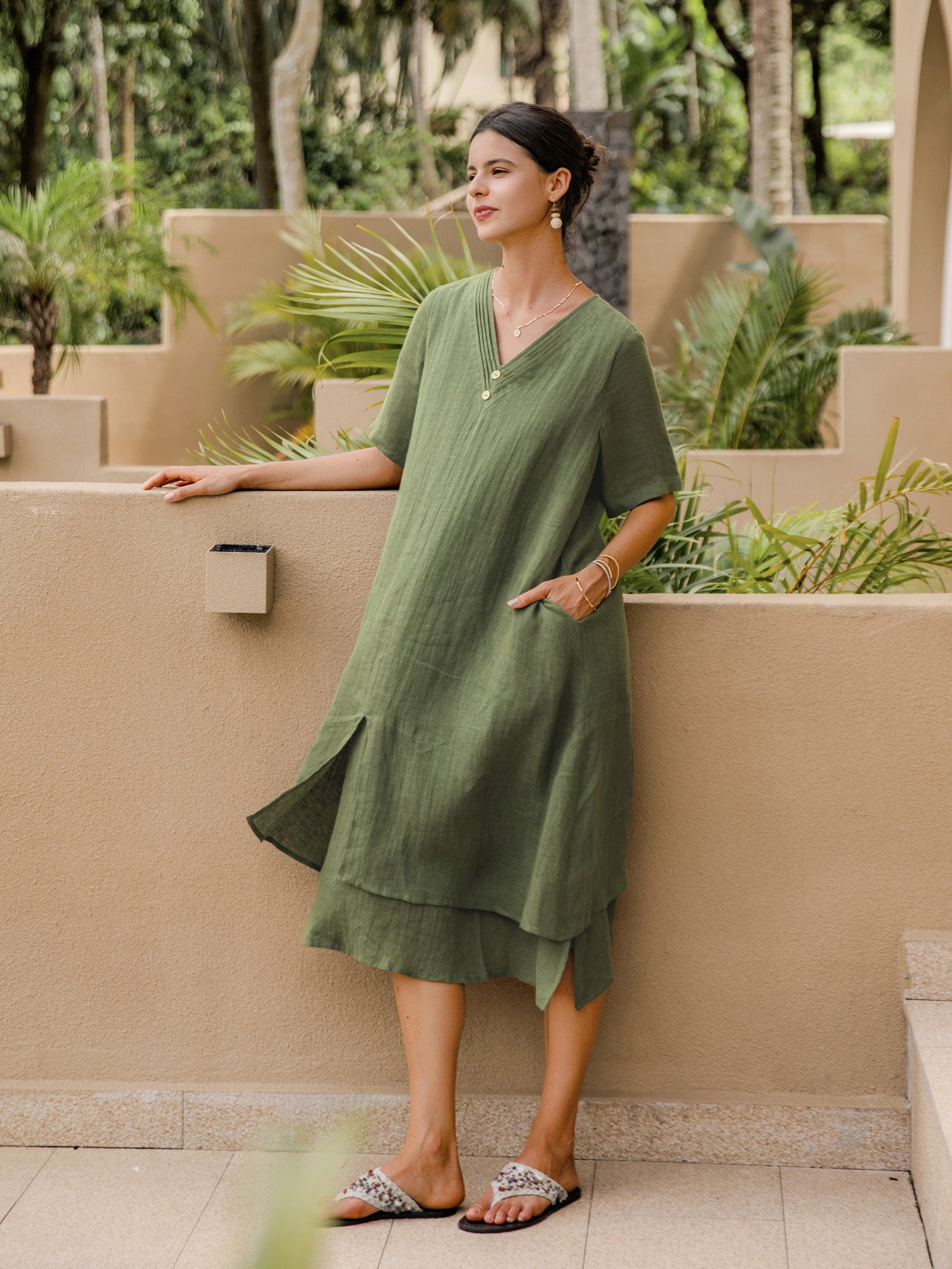 100% Linen V-Neck Double-Layer Midi Dress JAYDA