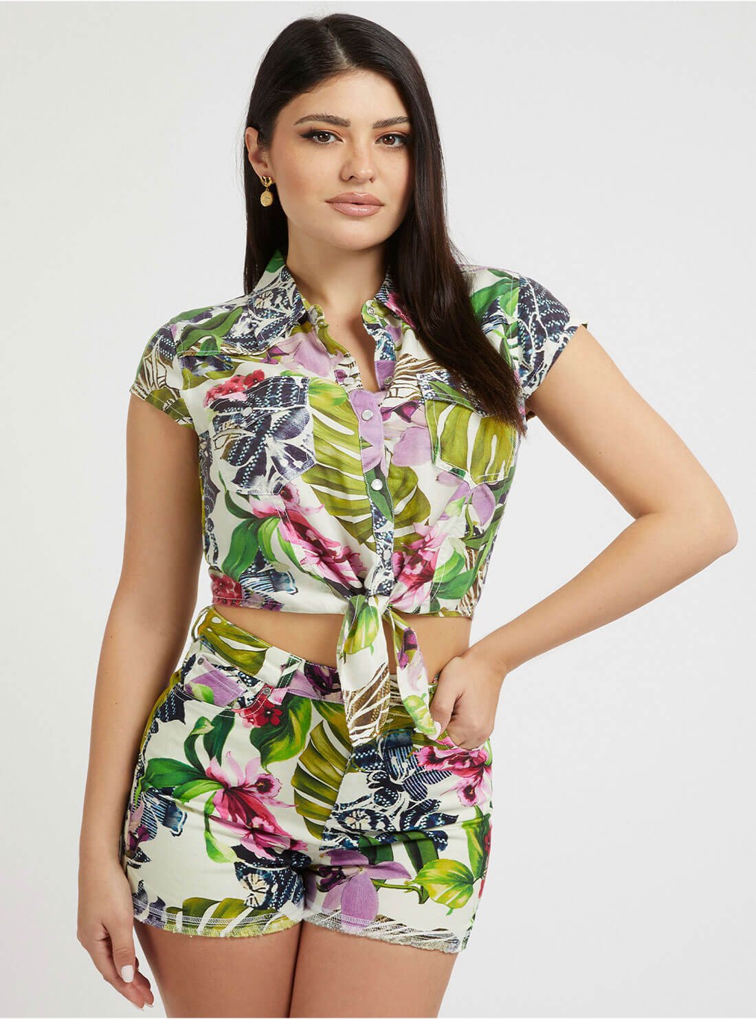 Palm Print Classic Western Front Tie Crop Top