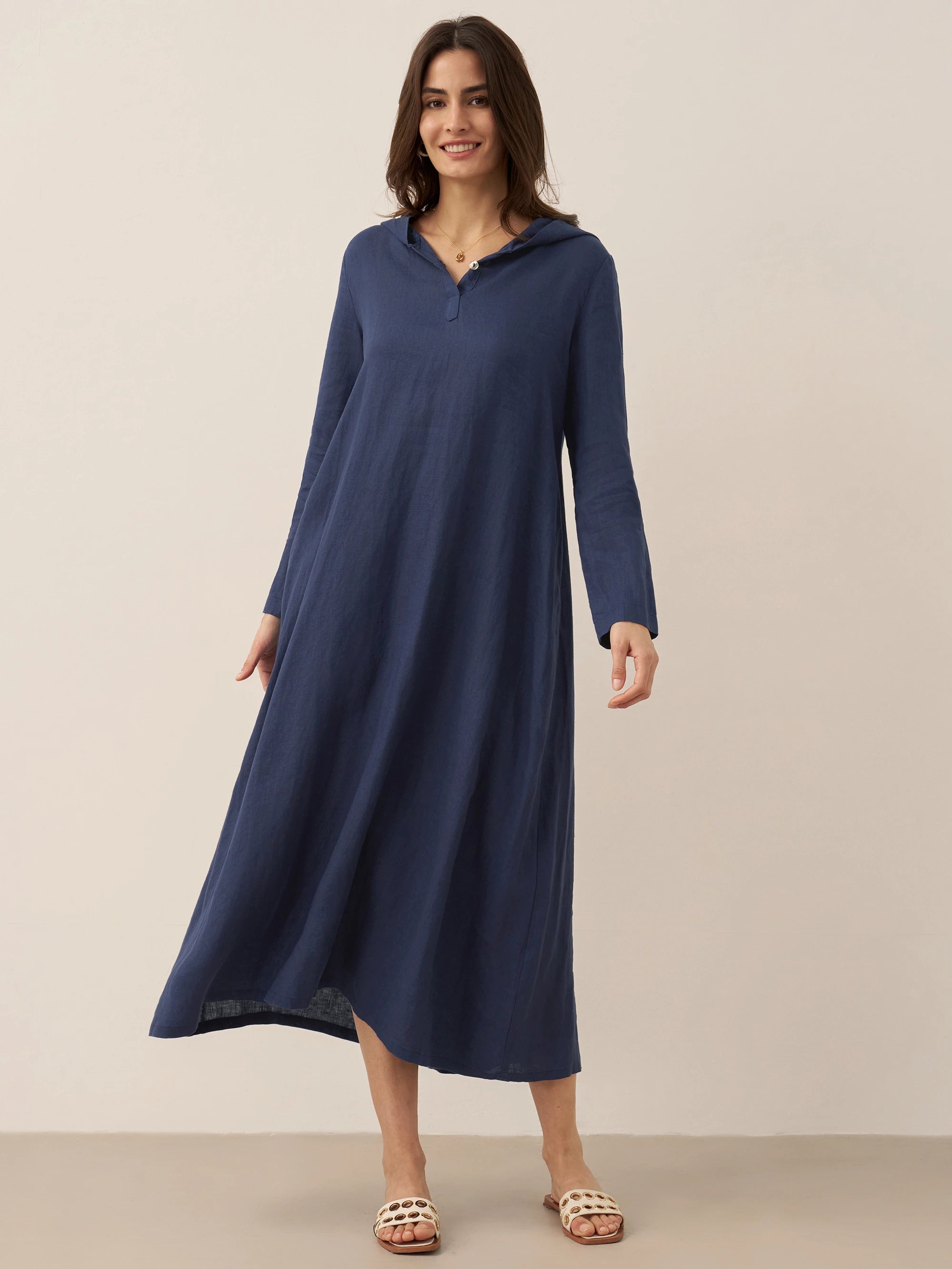 100% Linen Hooded Pullover Maxi Dress REBECCA