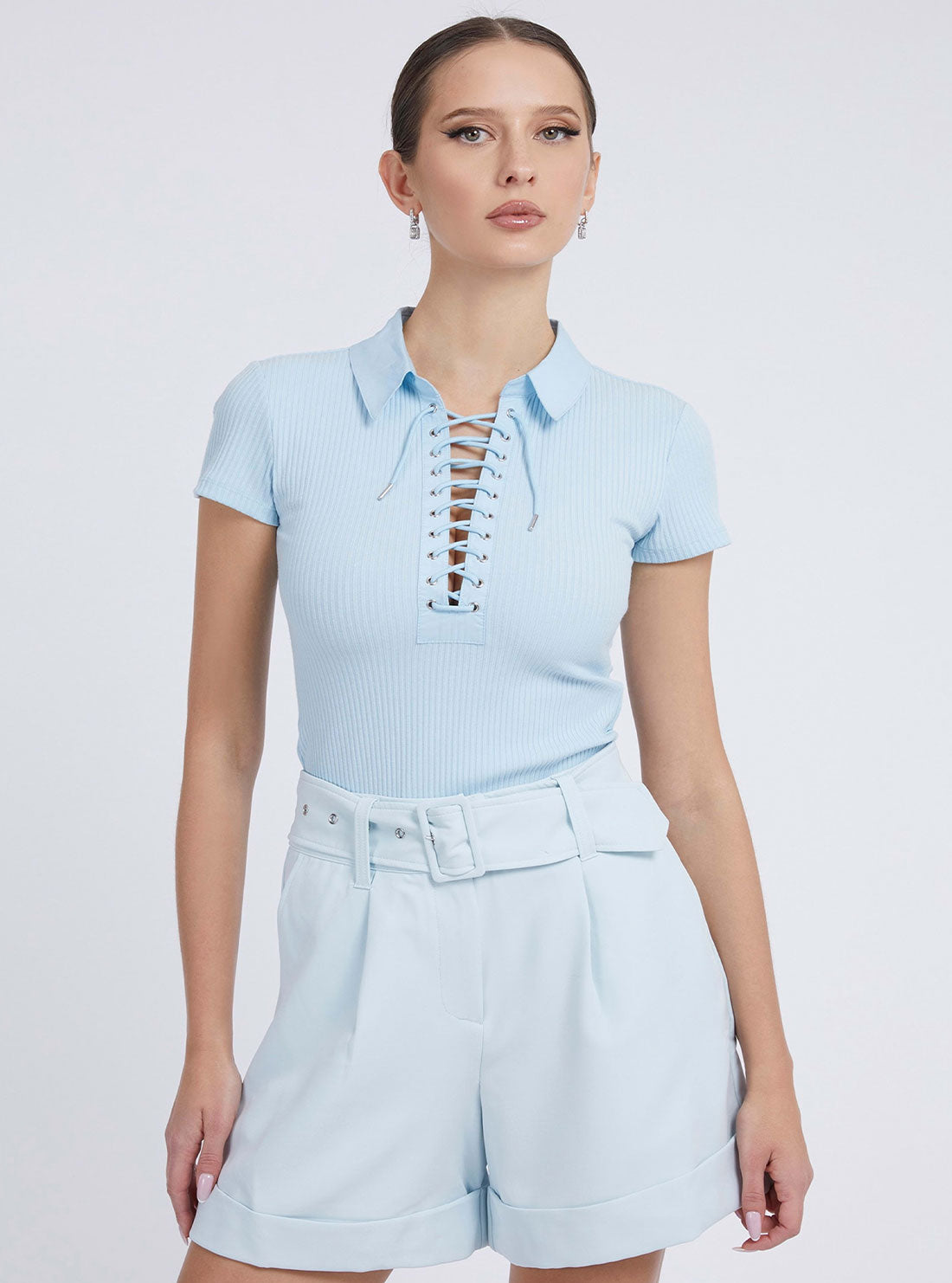 Light Blue Jordin Lace Up Top