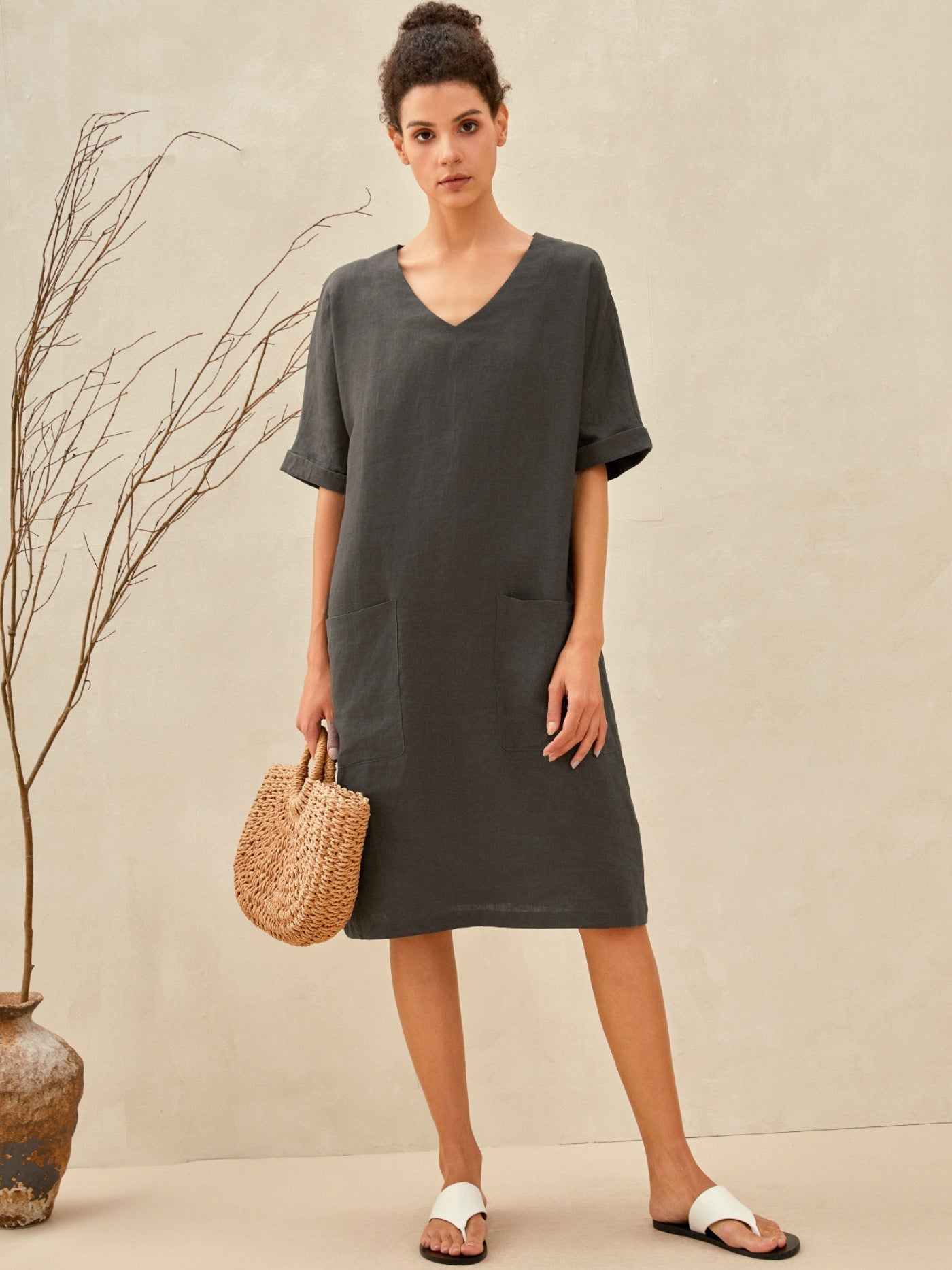 MIA 100% Linen Oversized V-Neck Dress