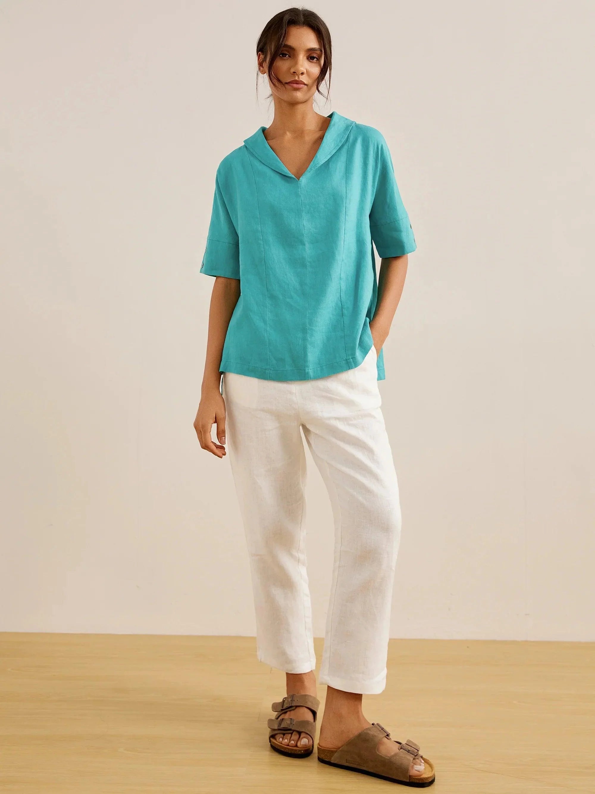 100% Linen V-Neck Short Sleeve Shirt SIERRA