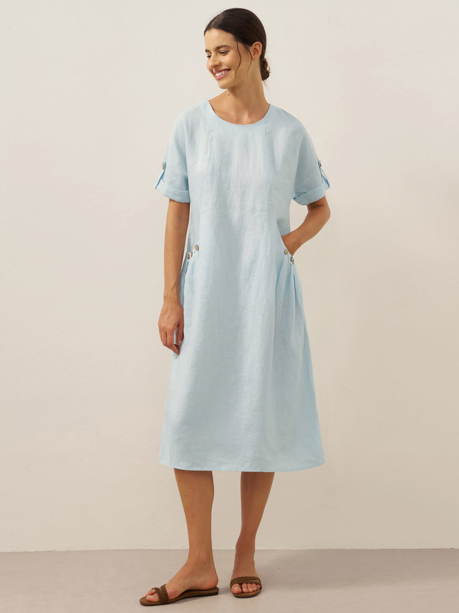 100% Linen Vintage A-Line Button Detail Maxi Dress AMIN