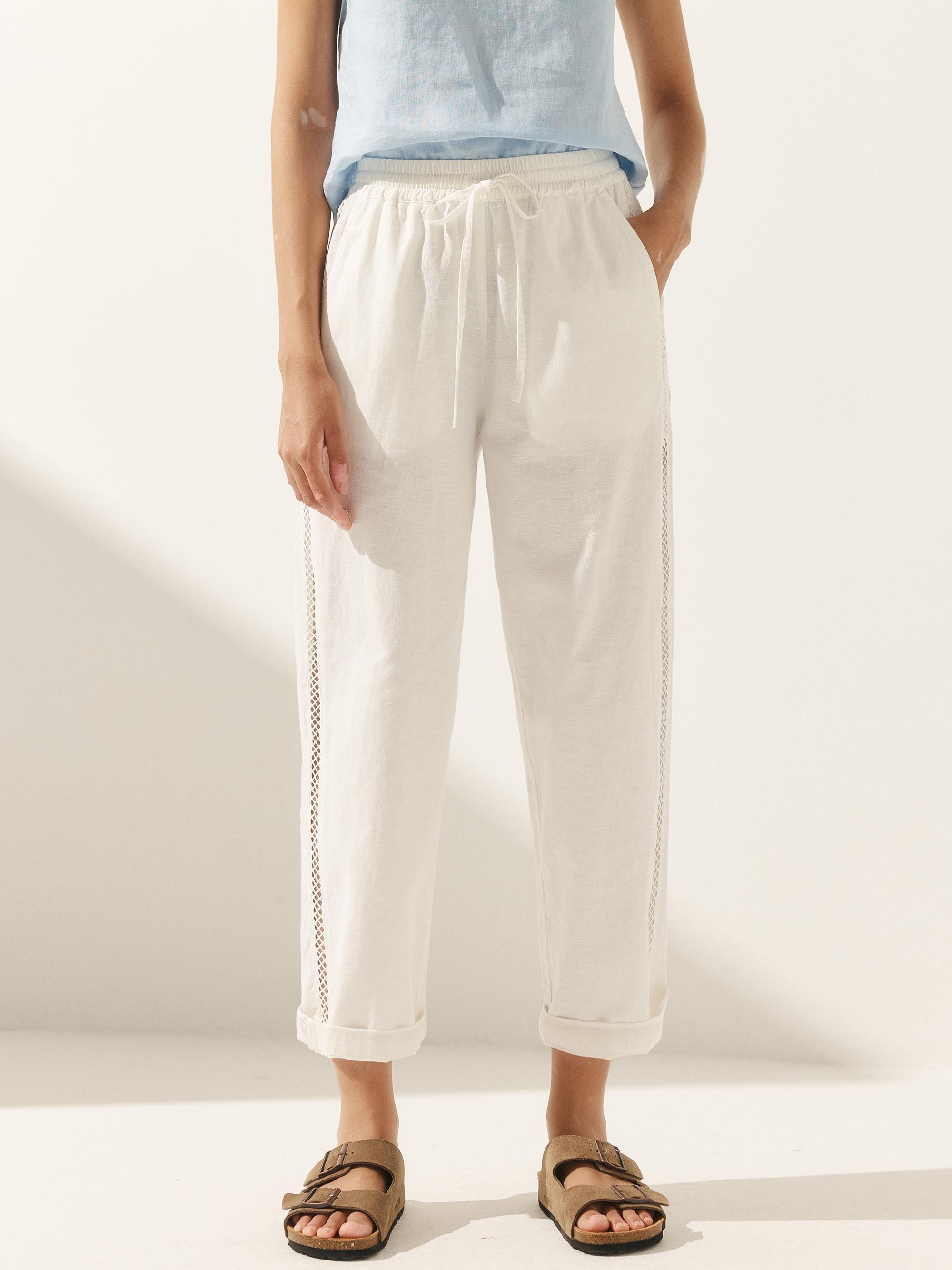 Linen Cropped Hollow Lace Stitching Ankle Length Pants YARA