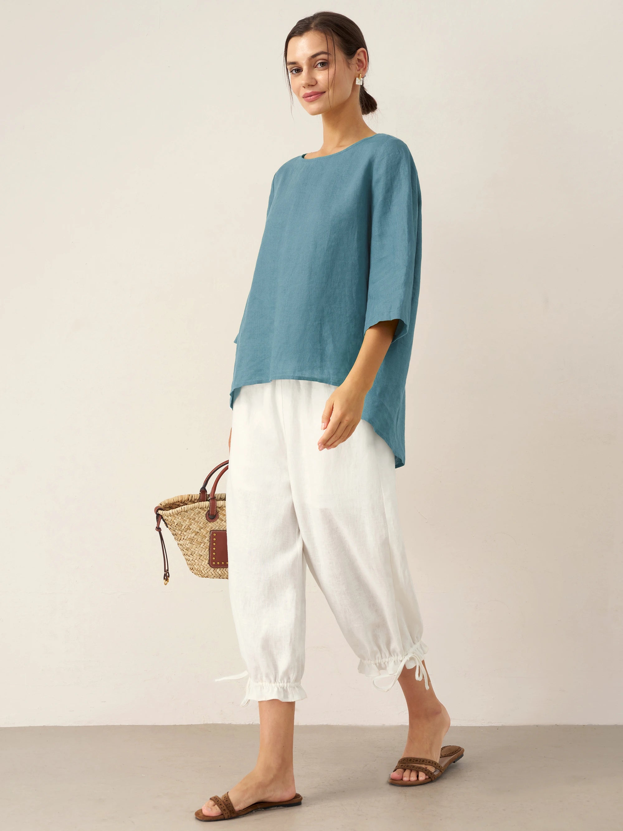 100% Linen Round Neck Asymmetrical Hem Top BRIANNA