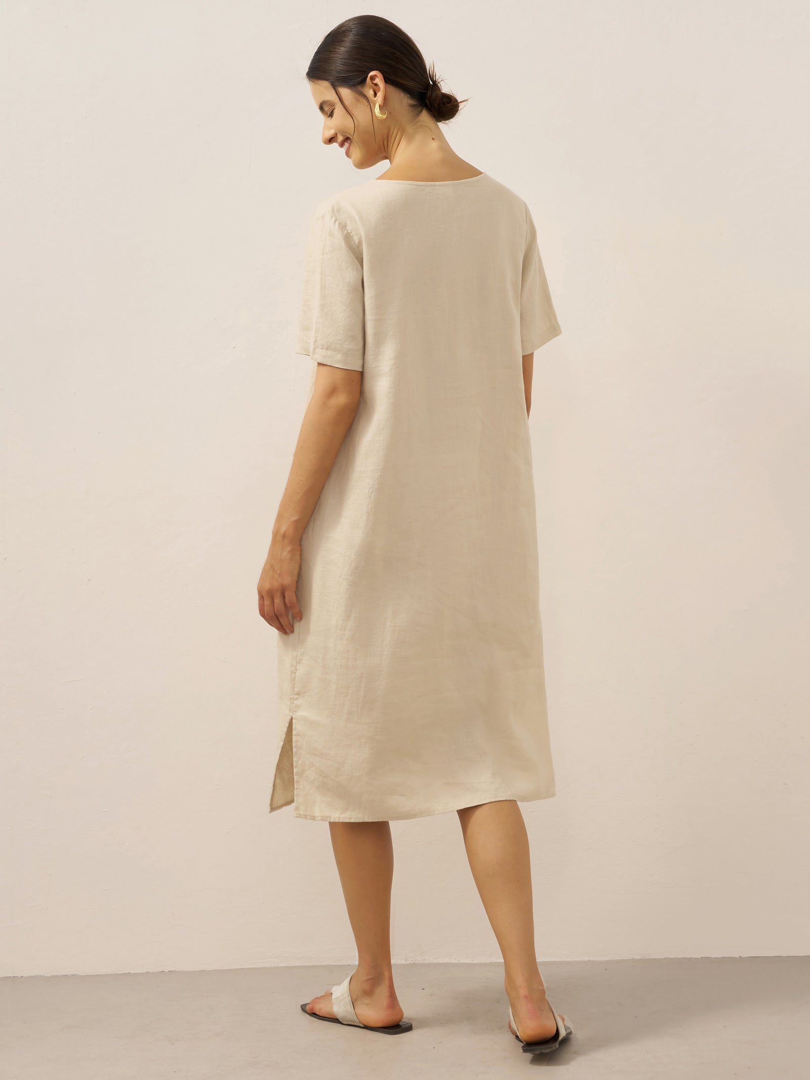 100% Linen Button Front V-Neck Midi Dress NOA