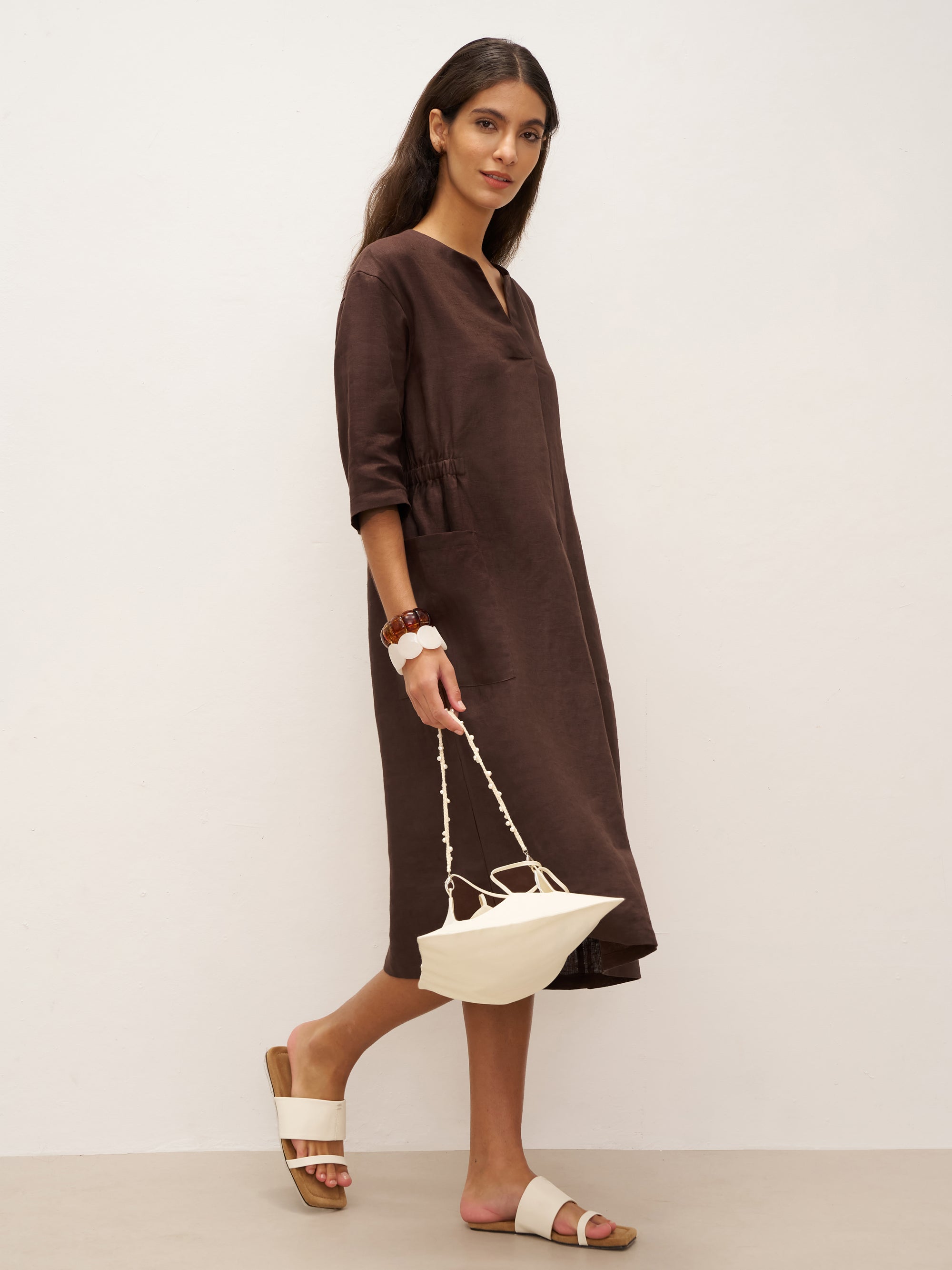 100% Linen V-neck Bell Pocket Midi Dress EVELINA