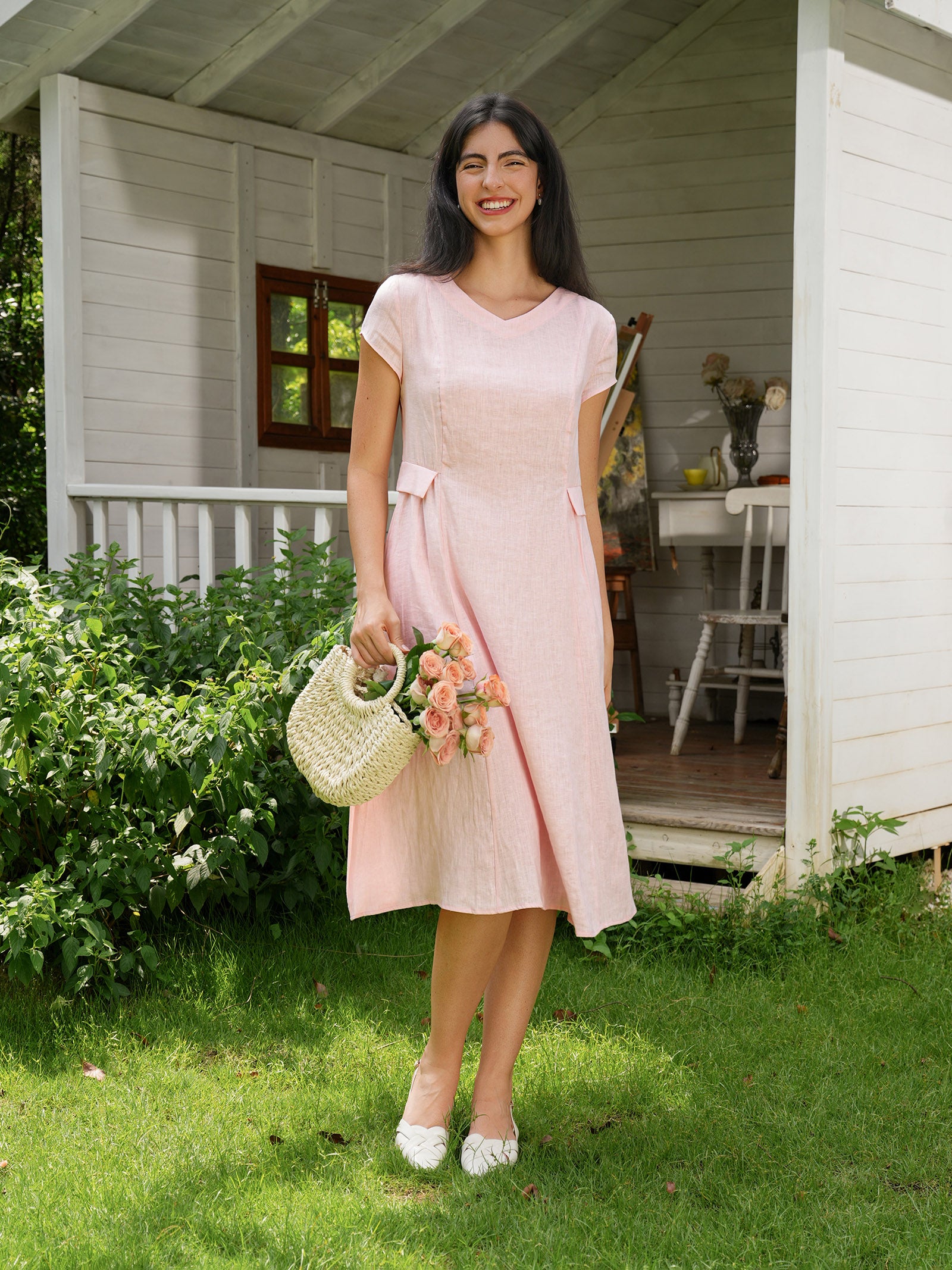 100% Linen Natural Summer V-Neck Dress ALEXA