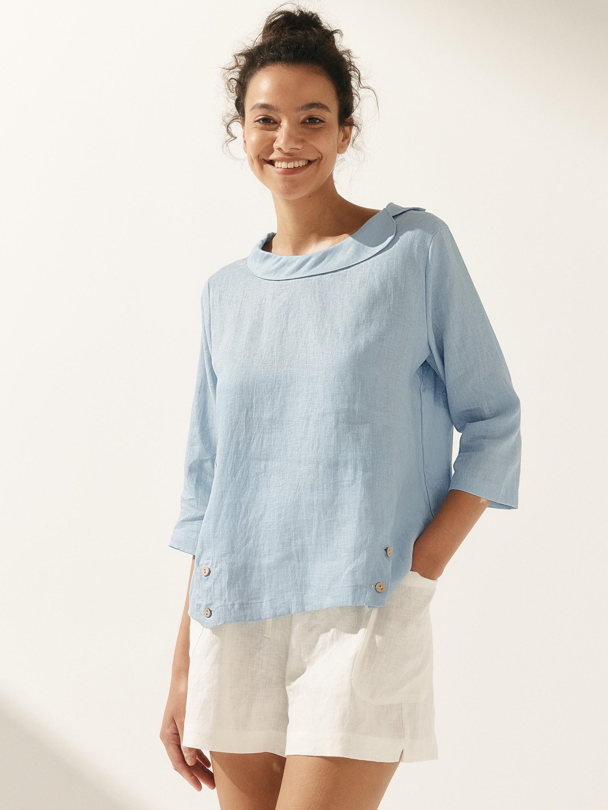 Linen Gingham Checked Round Soft-Fold Collar Top LAURA