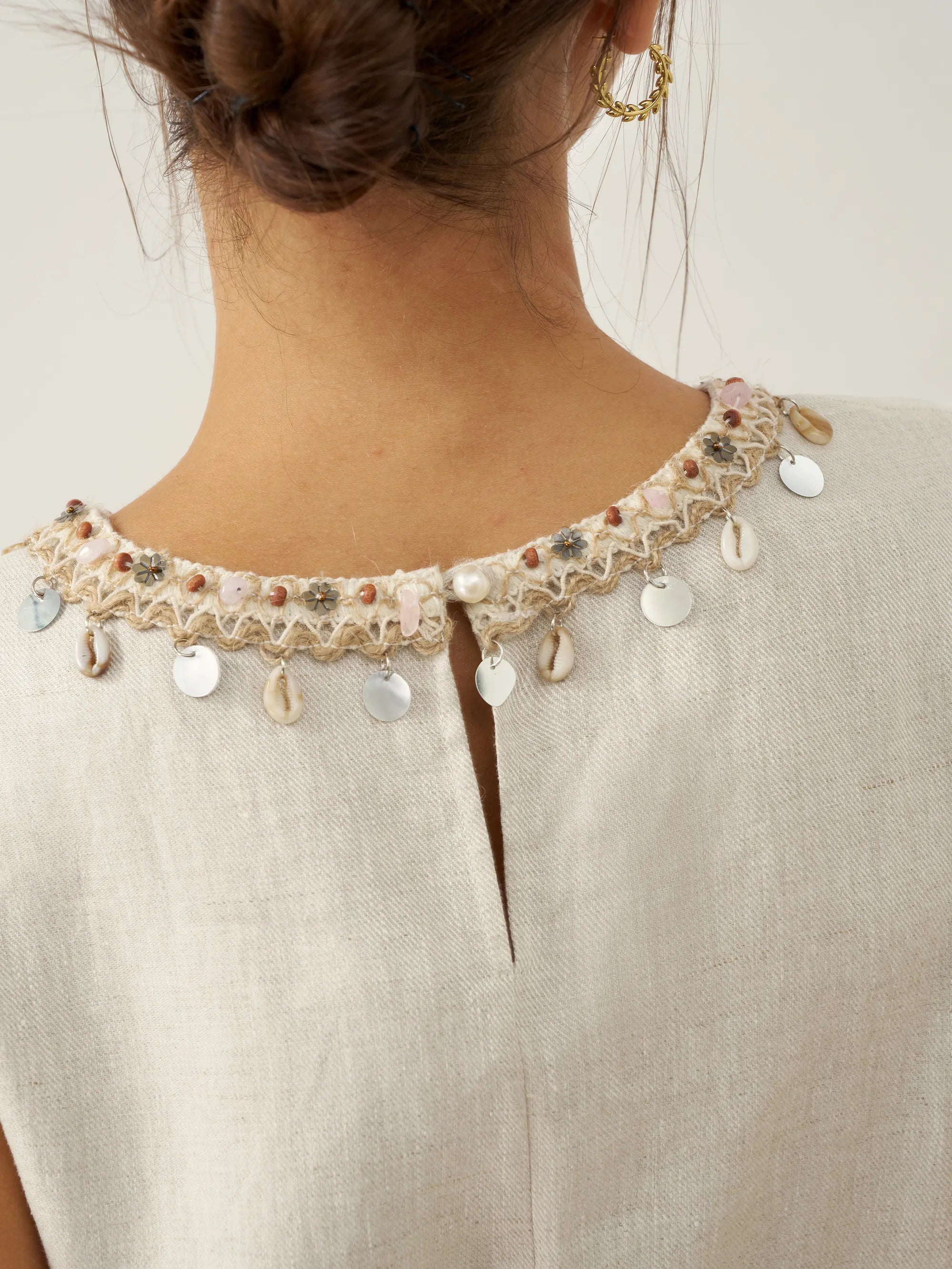 100% Linen Beaded Crew Neck Maxi Dress with Belt BELLA