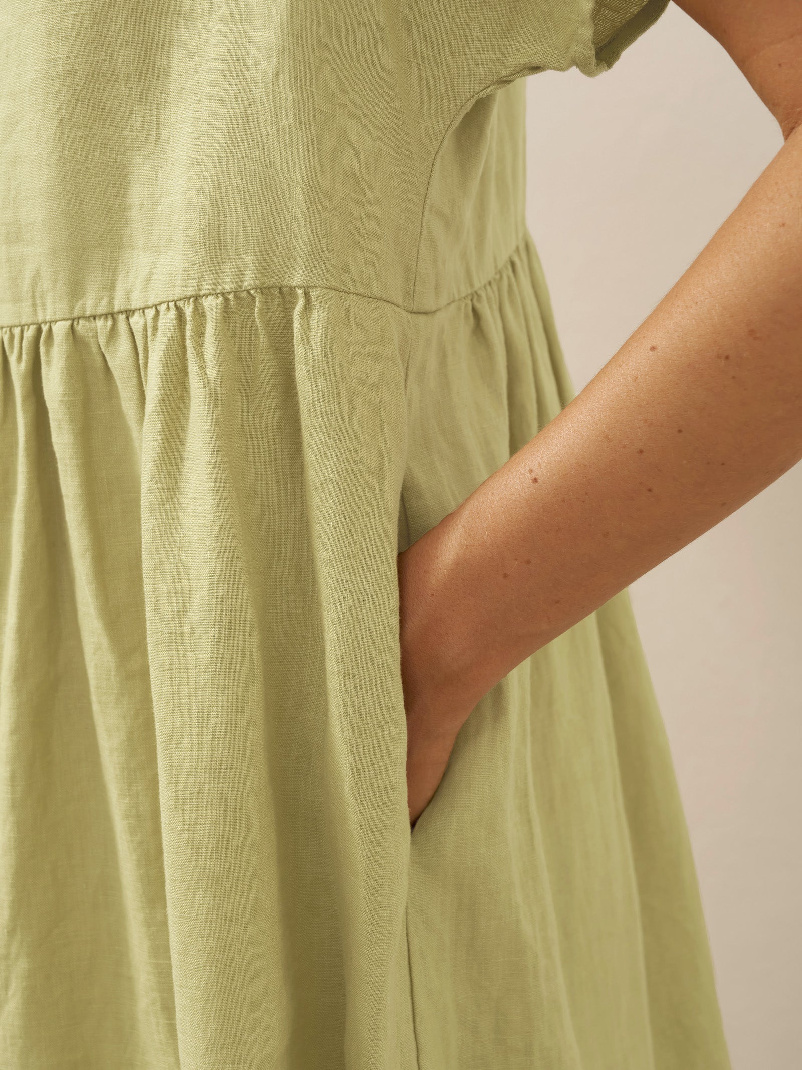 100% Linen Collared Pleated Waist A-Line Midi Dress SAGE