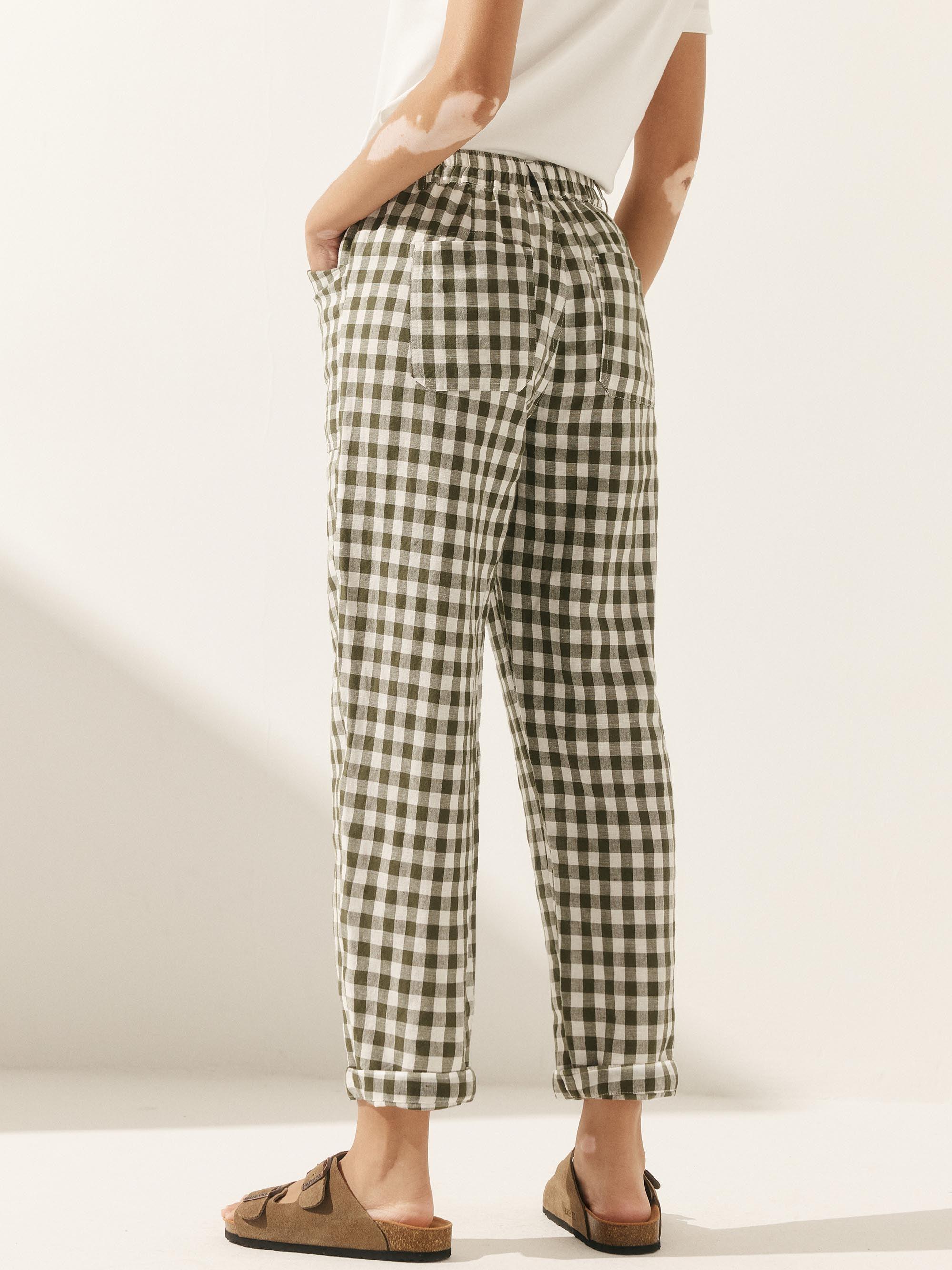 Linen Simple Checked Button Fly Trousers HEIDI