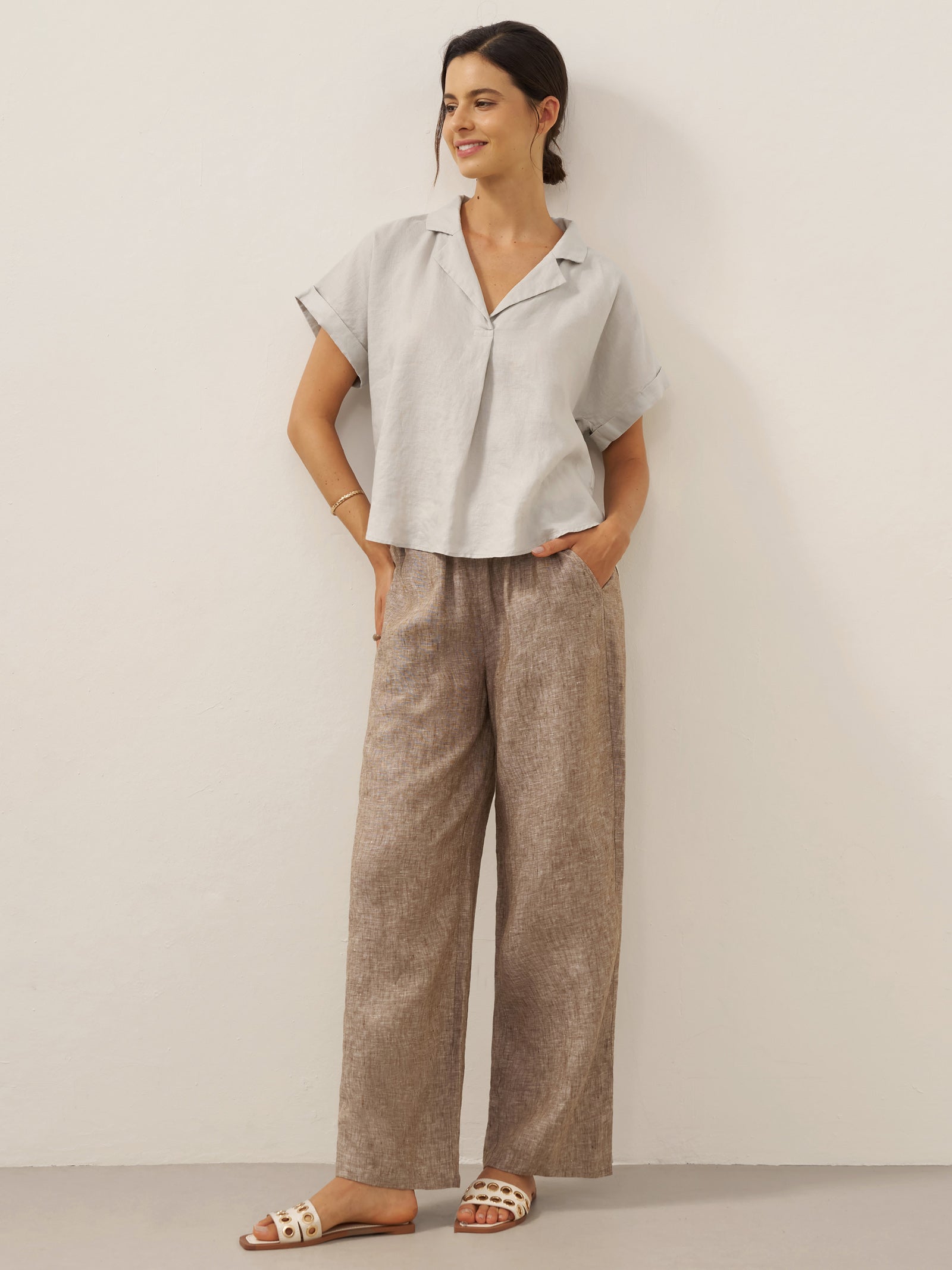 100% Linen Blazer-Inspired Pullover Top DINA