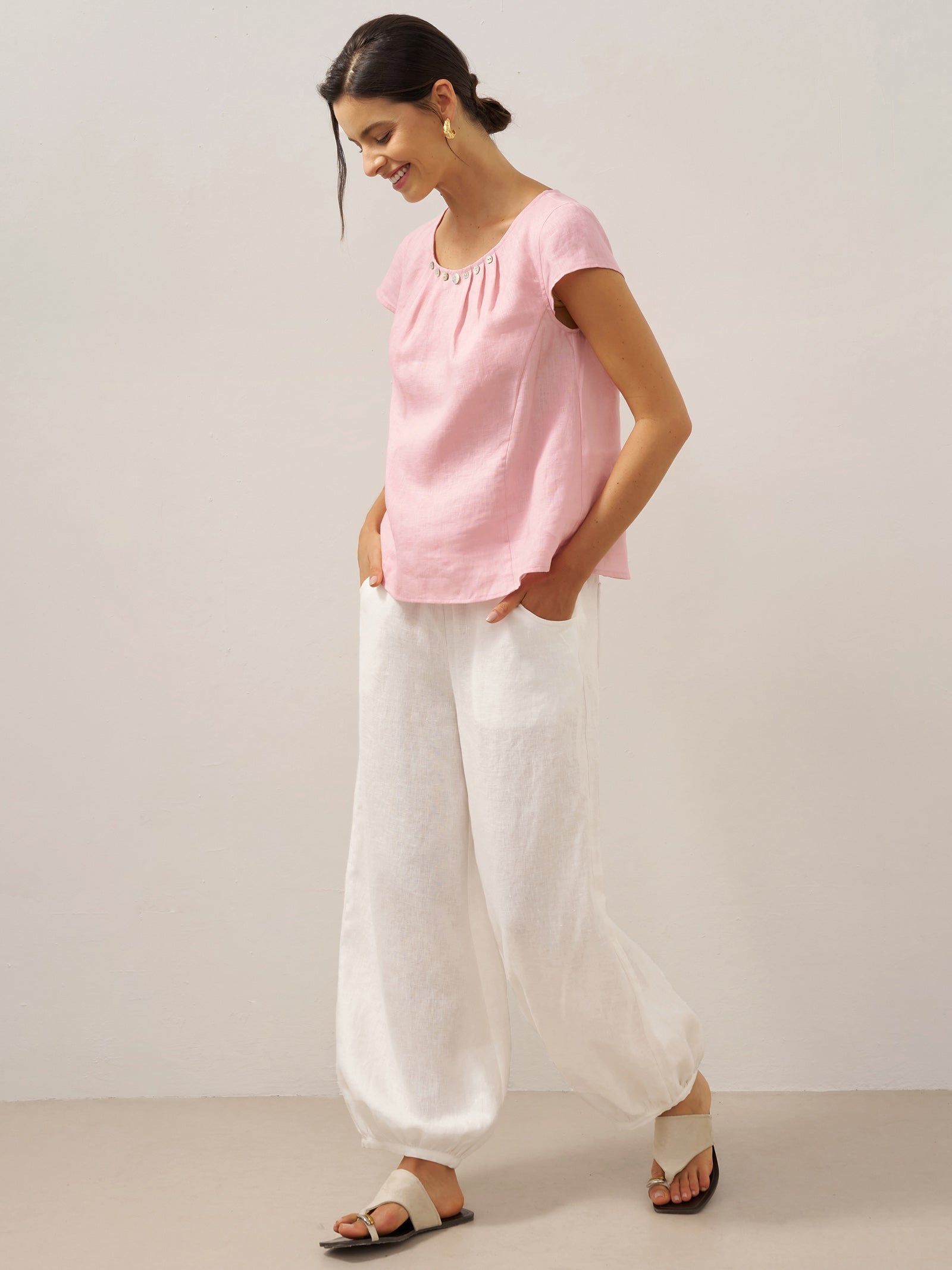 100% Linen Broad Elastic Waistband Pants TALIA