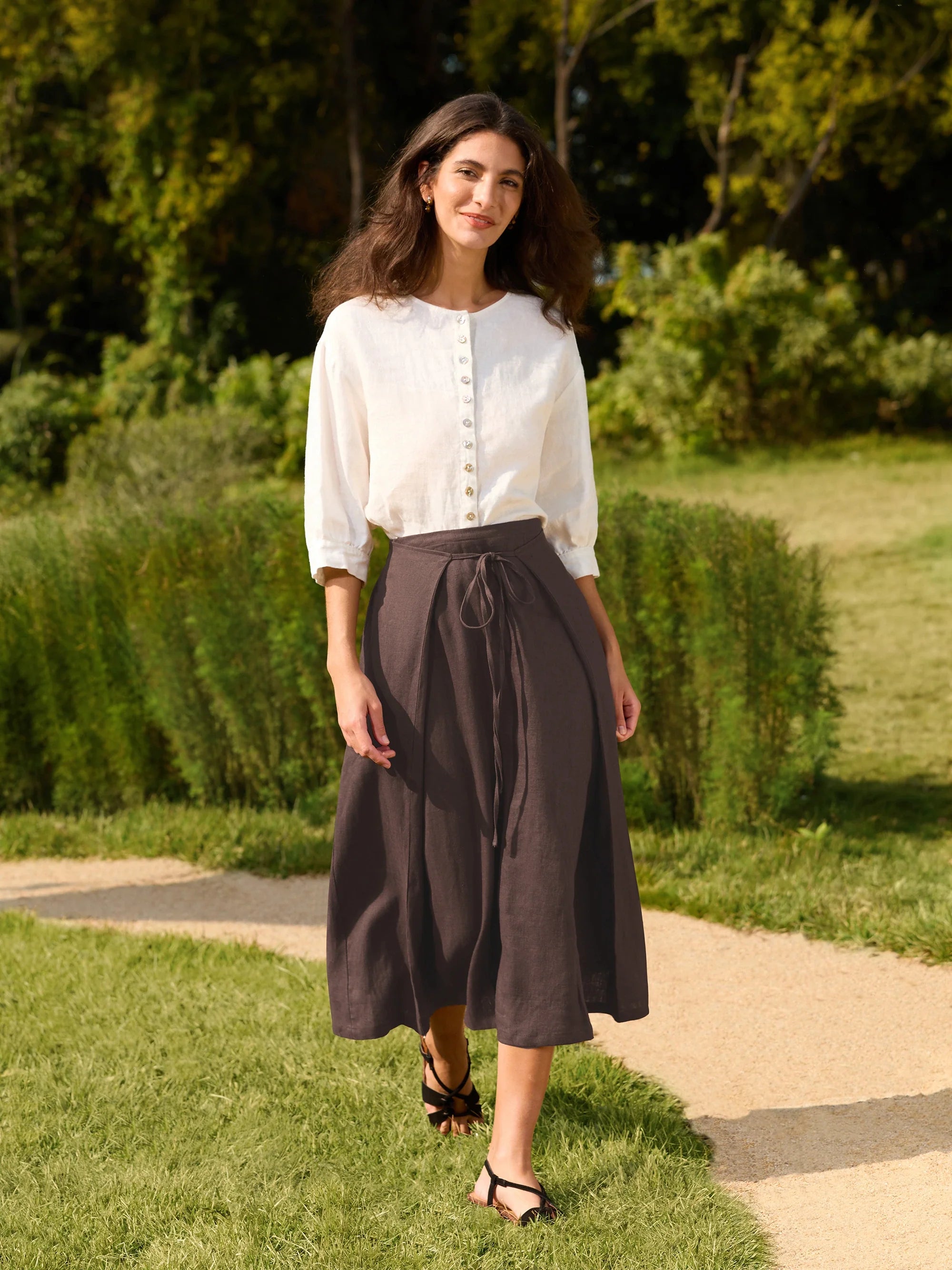 100% Linen Tie-Waist Wrapped A-Line Skirt EMILIE—Two-Way Wear