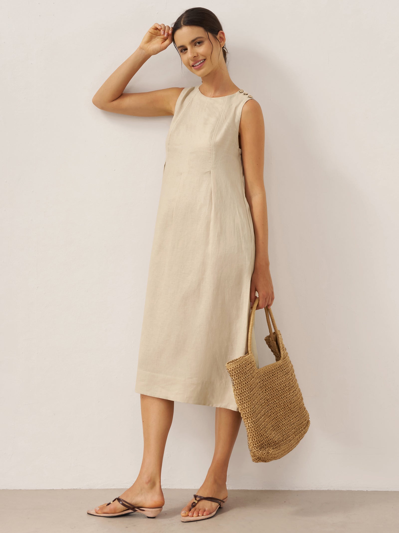 100% Linen Sleeveless Shoulder Button Midi Dress FREYA
