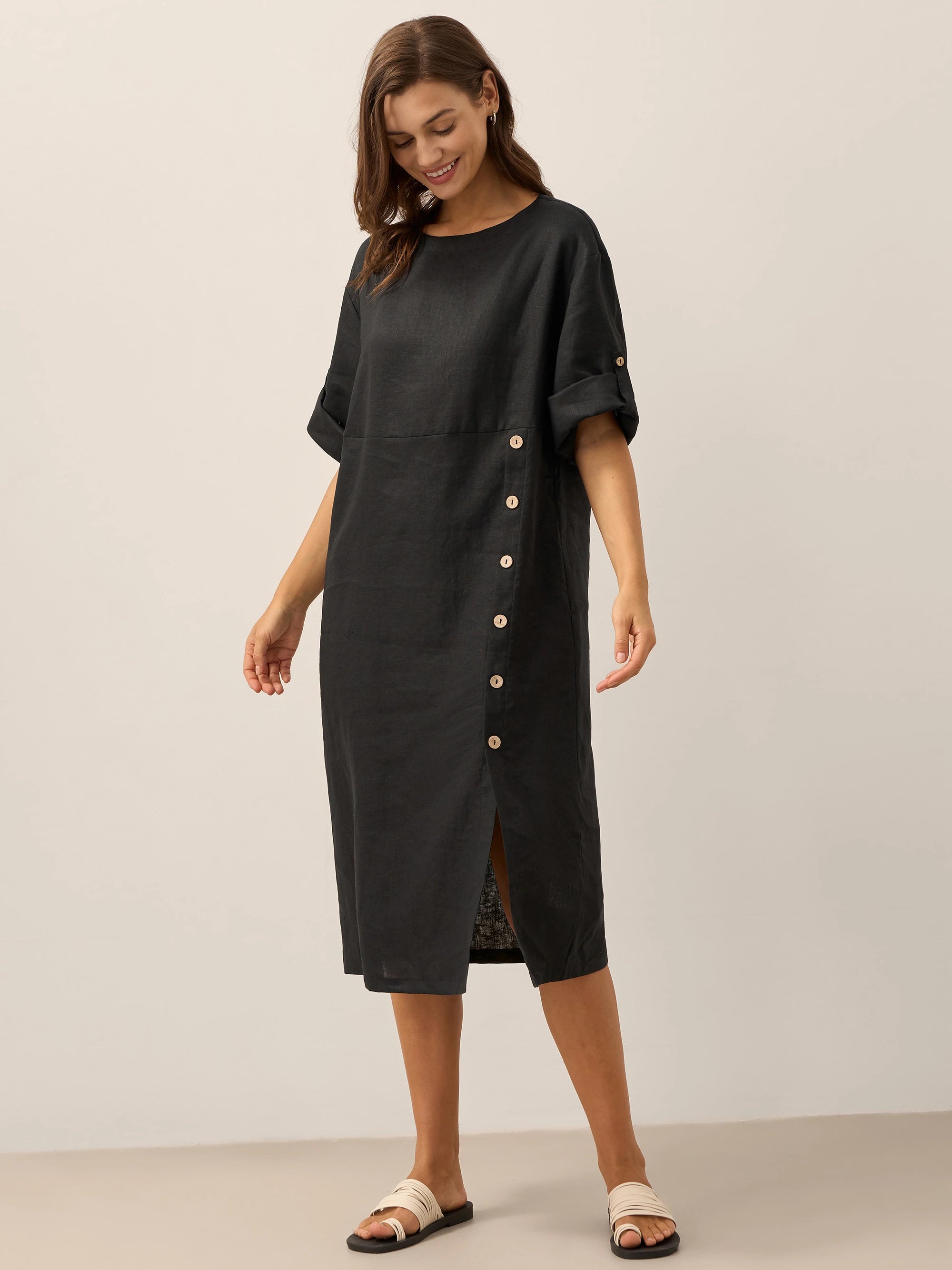 100% Linen Round Neck Button Detail Midi Dress JELENA